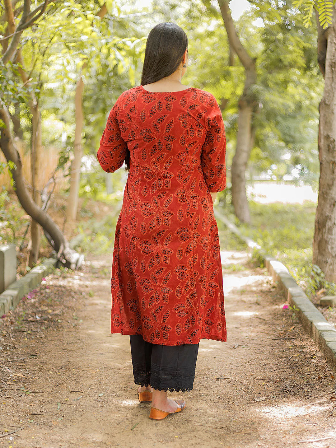 Brick Red Dabu Kurta with Black Palazzo Set