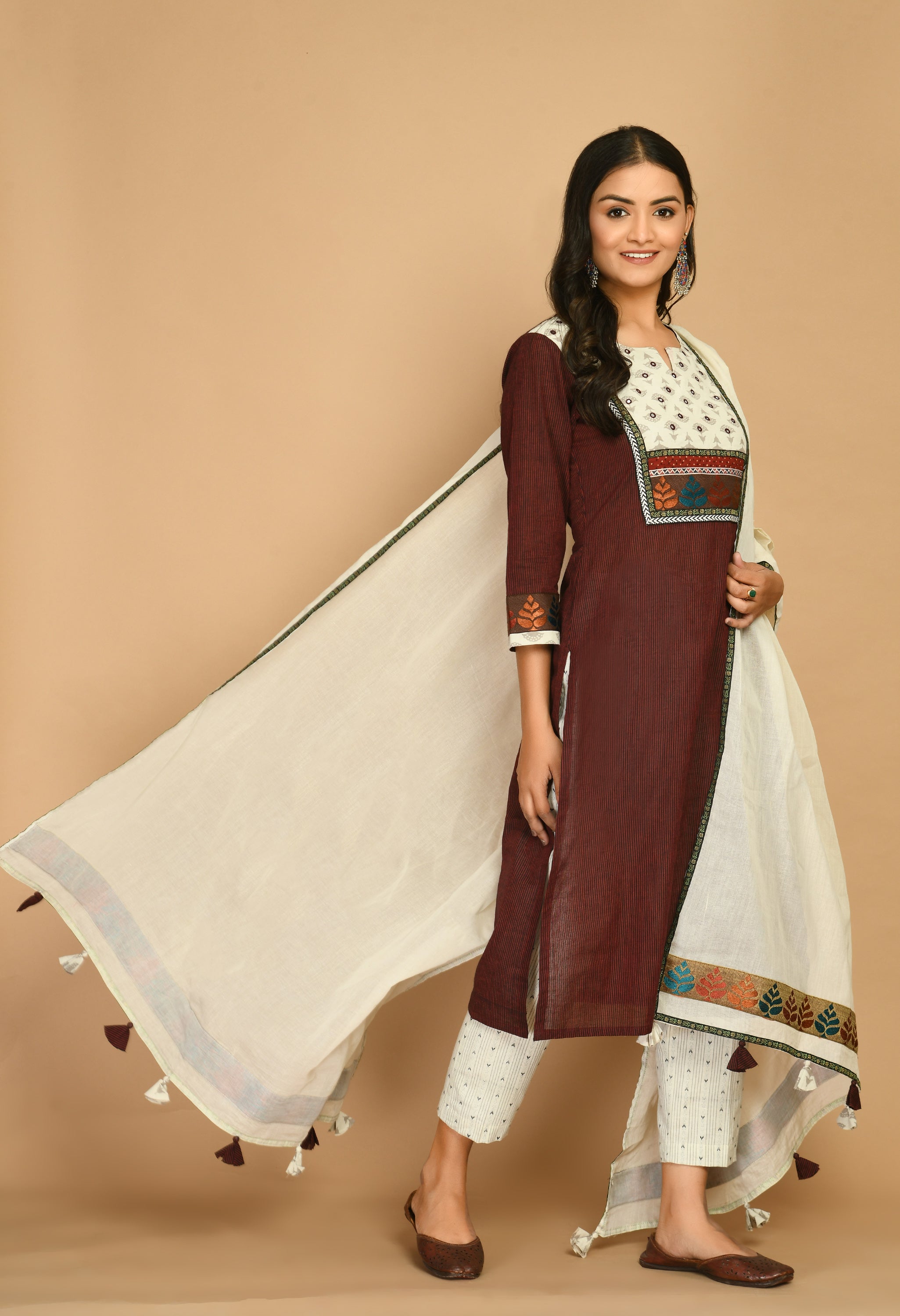 Wine Handloom Kurta Set