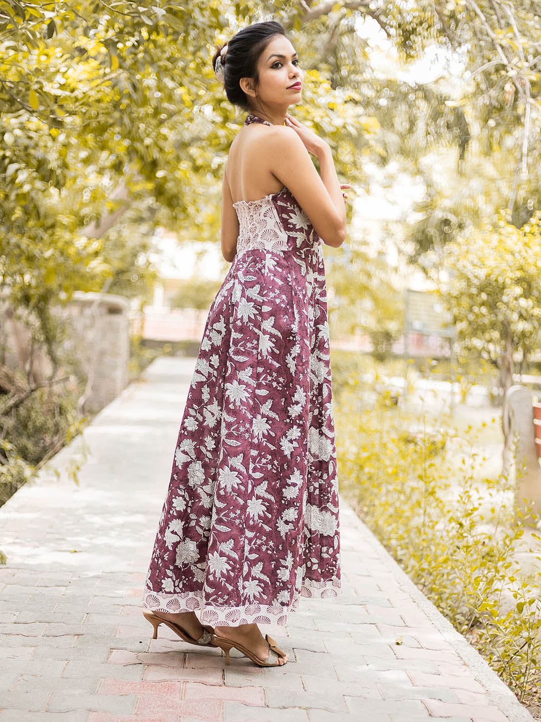 HandBlock Printed Violet HalterNeck Dress with Smocking at the back