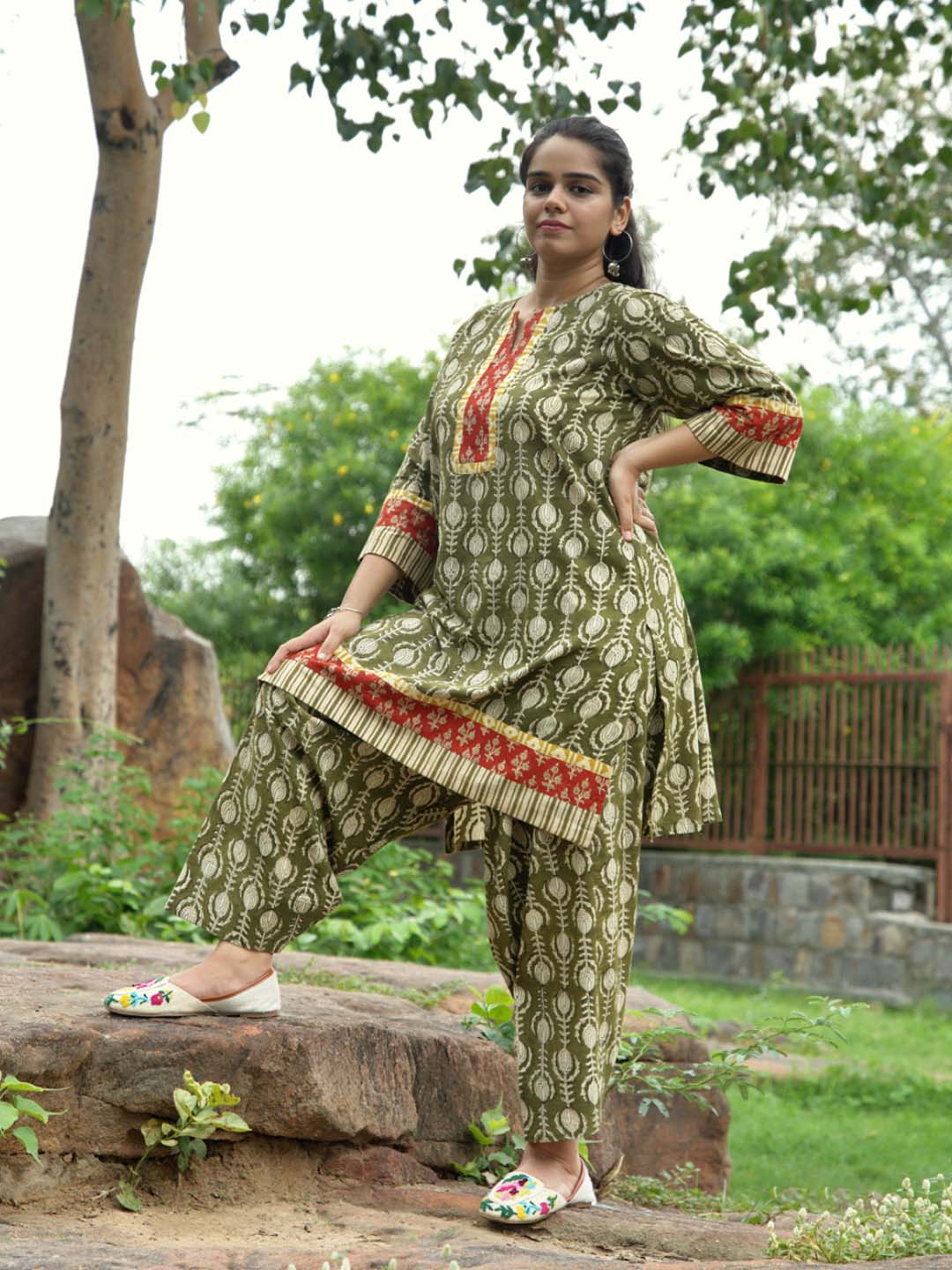 Bagru Handblock Printed Green Salwar Set