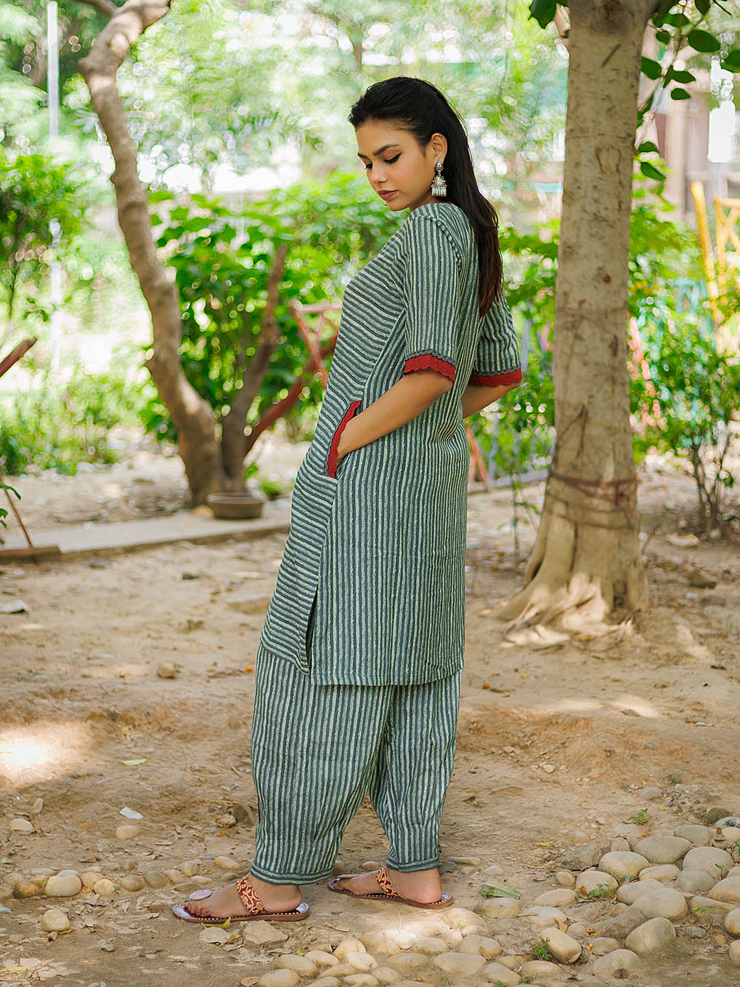 Pista Green Striped Coord Set with Pleated Salwar