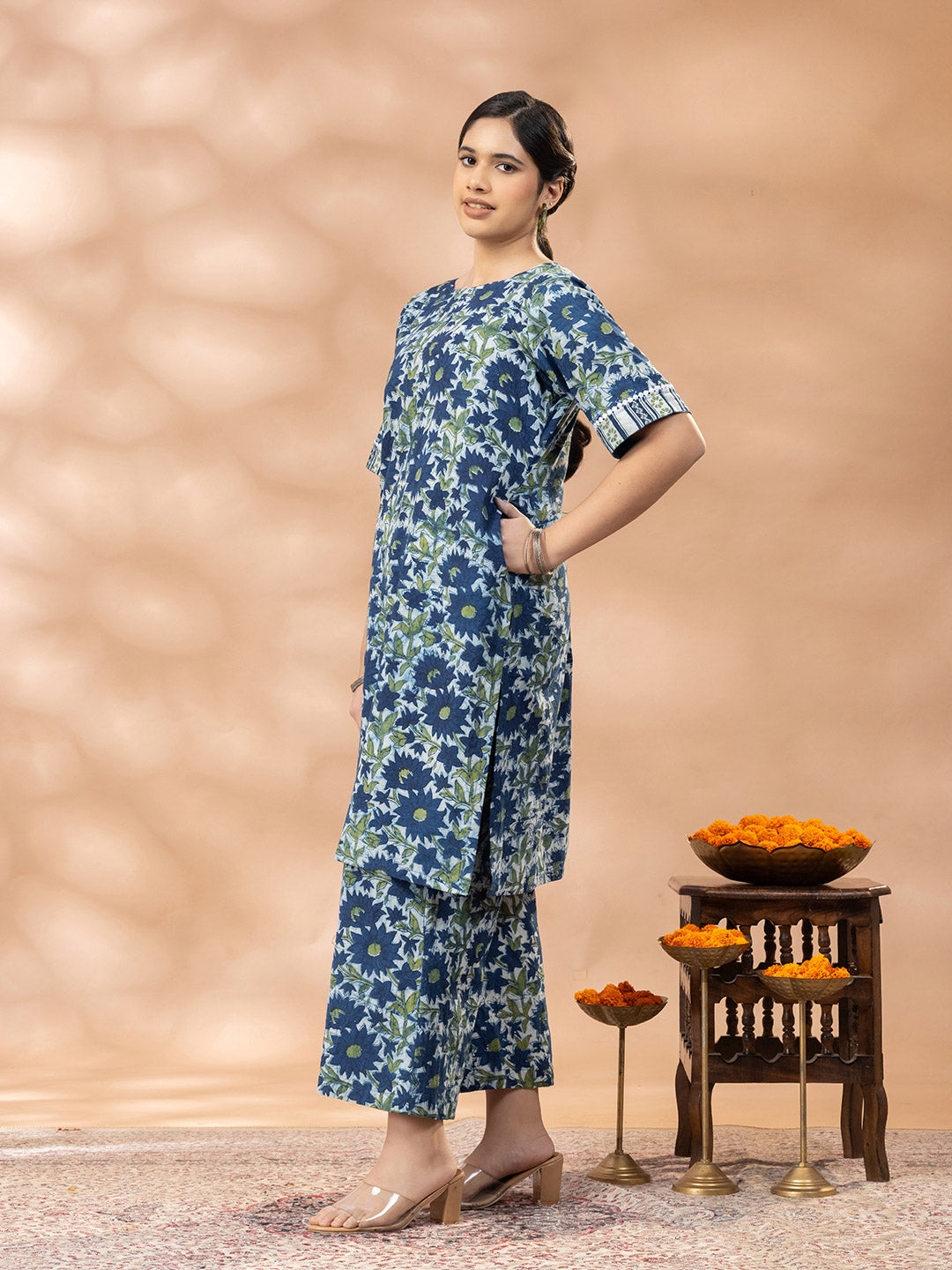 Bagru Indigo Blue and  Green floral Round Neck Kurta Set