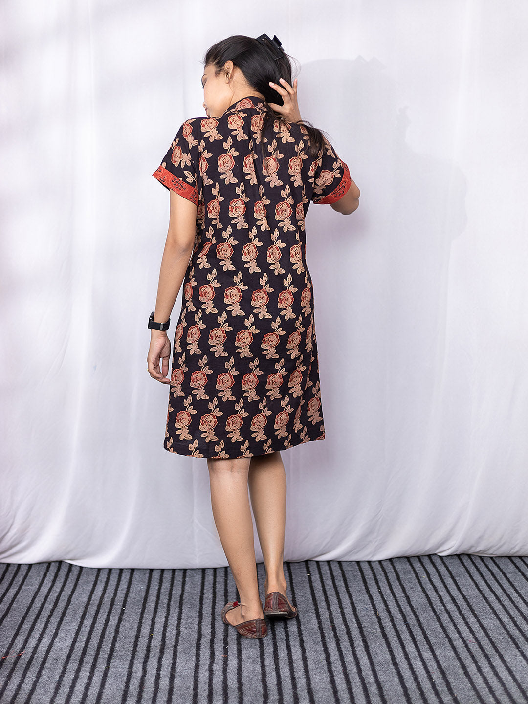 Black Bagru Handblock printed Shirt Dress with patch pocket