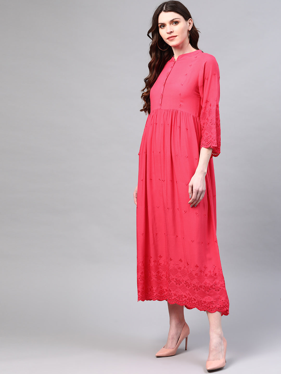 Pink Embroidered A-Line Dress