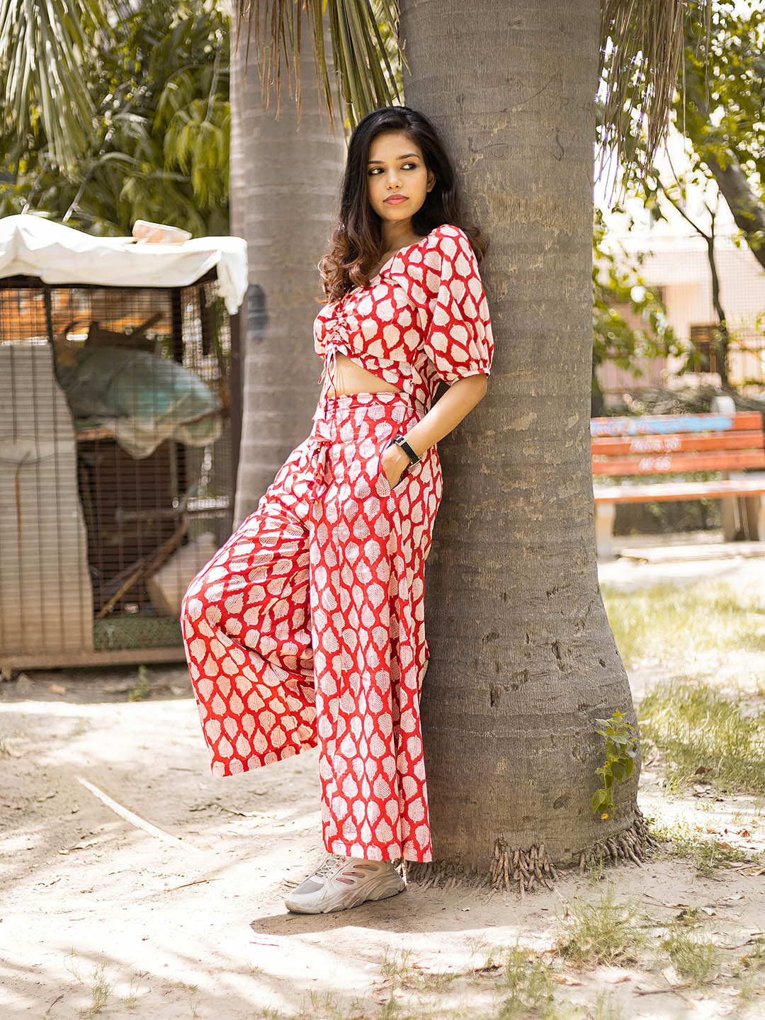 HandBlock Printed Red Leaf Print CO-Ord Set