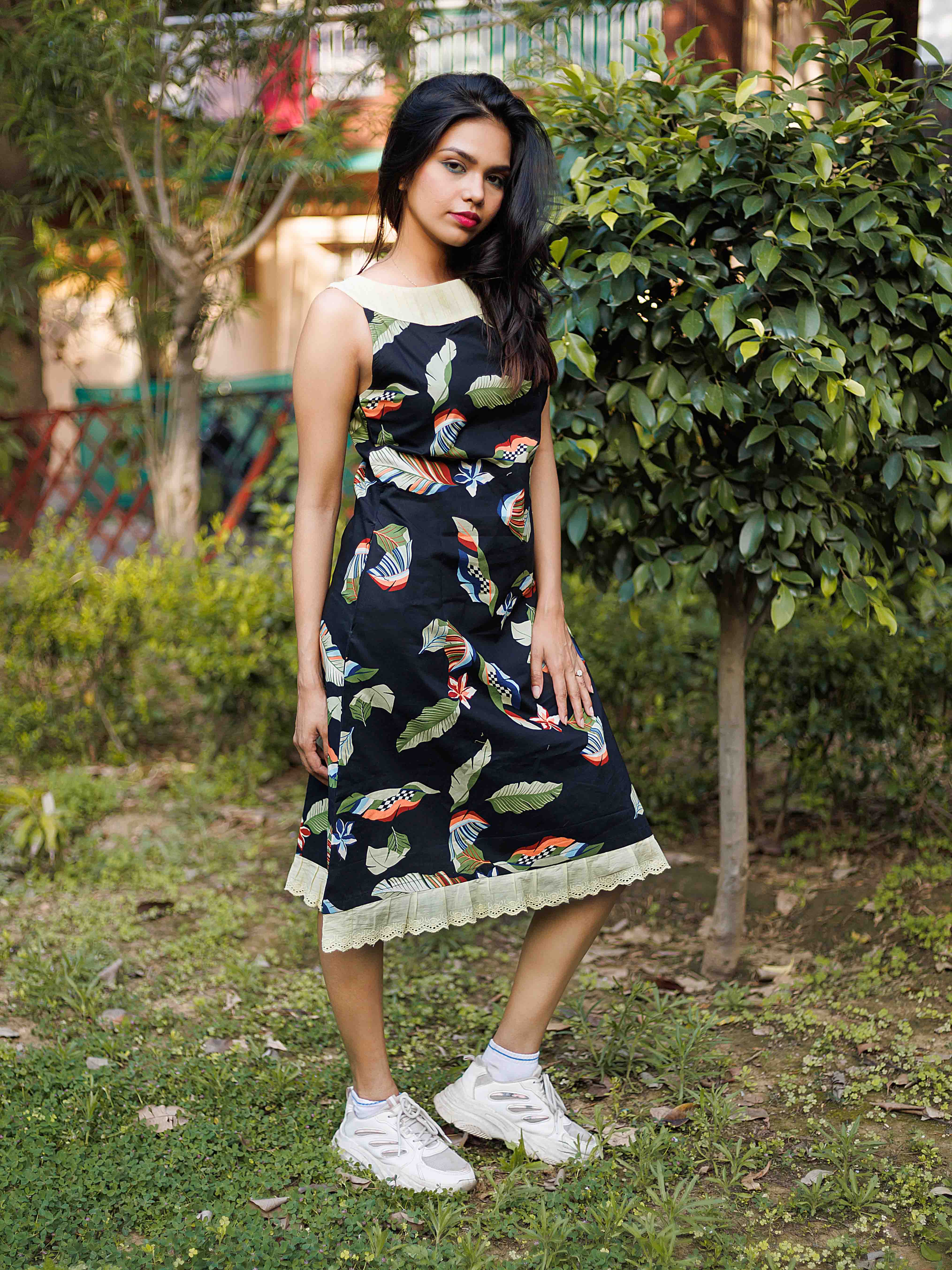 Black and Green Bird Print Pure Cotton Dress