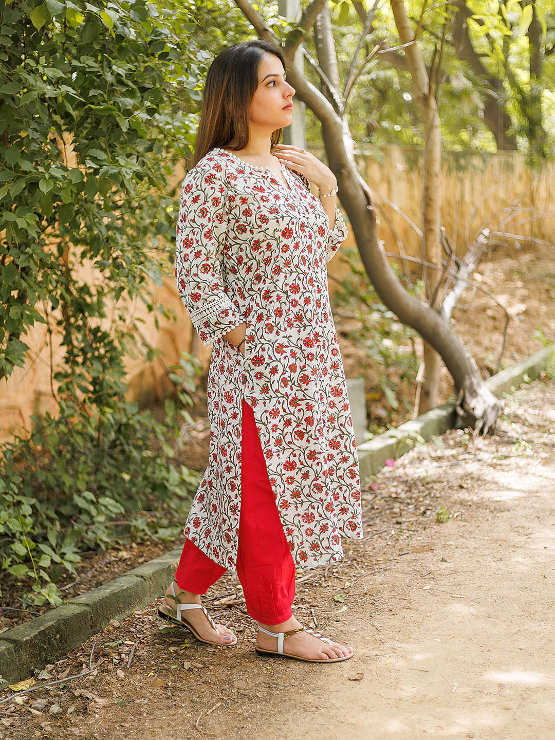 Handblock Printed White and Red Floral Kurta Set with Lace details