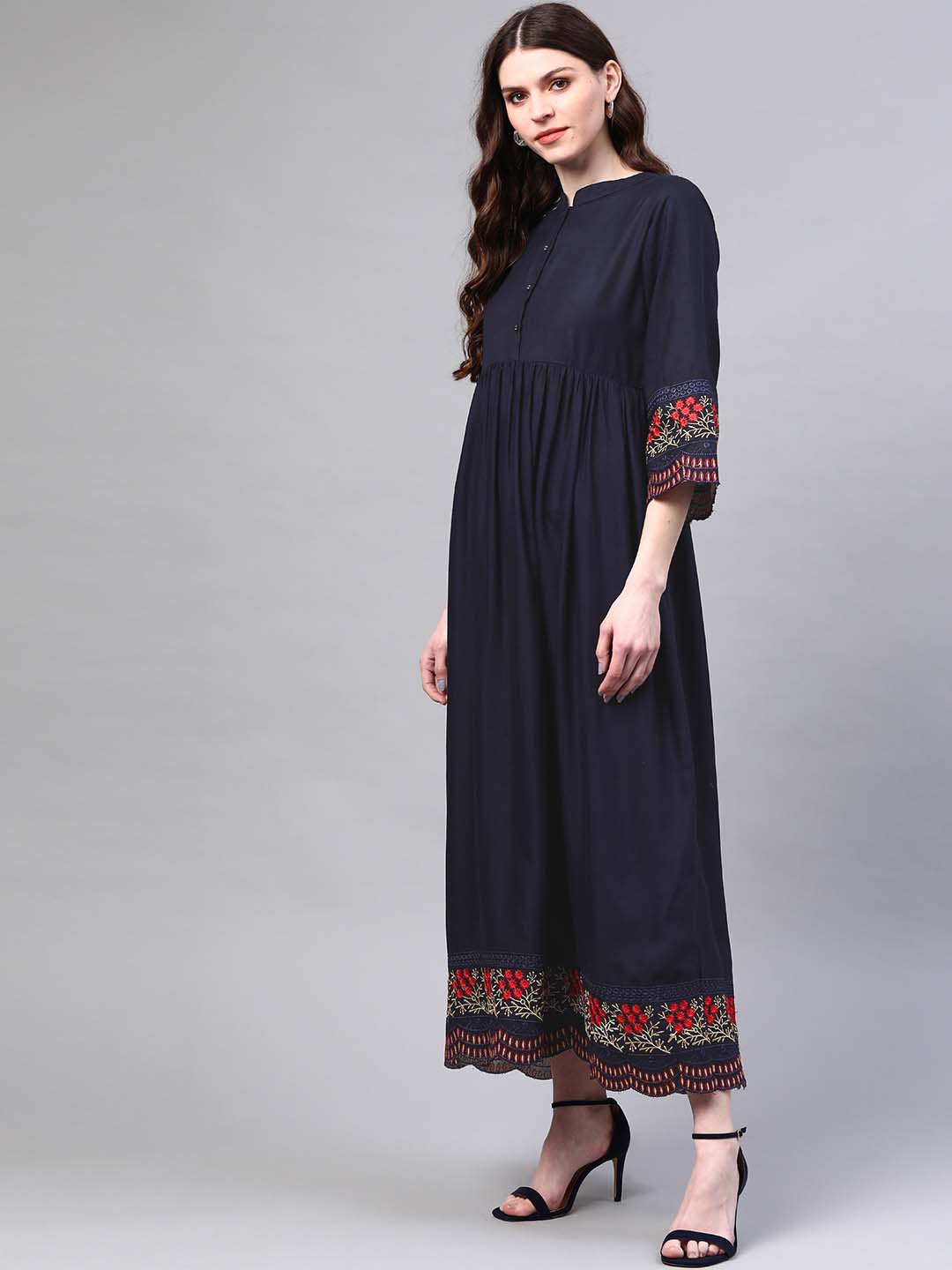 Navy Blue Embroidered A-Line Dress