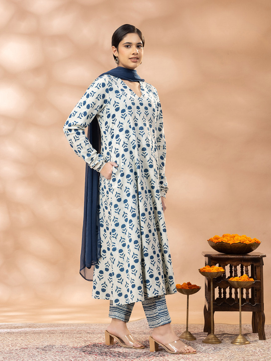 Bagru Handblock Printed Indigo Blue Churidar Sleeves Kurta Set