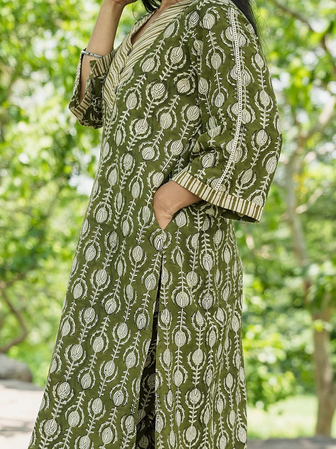 Bagru Handblock Printed Green Yoke Design Kurta Set