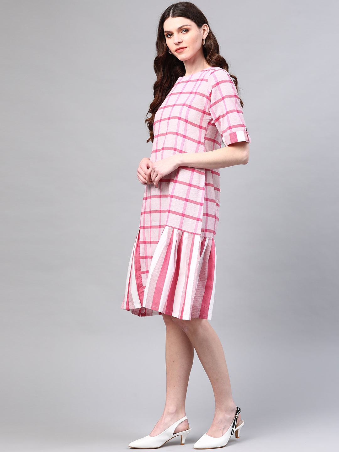 Pink Checked Handloom A-Line Dress