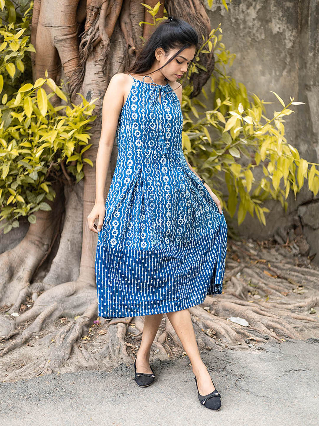 Natural Dyed Handblock Printed Indigo Dress with Pleats