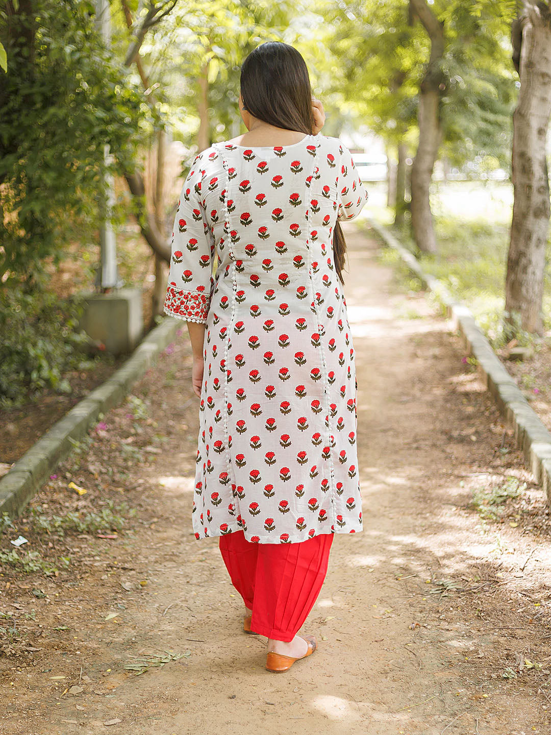 Handblock Printed Red Booty Yoke Lace Design Set