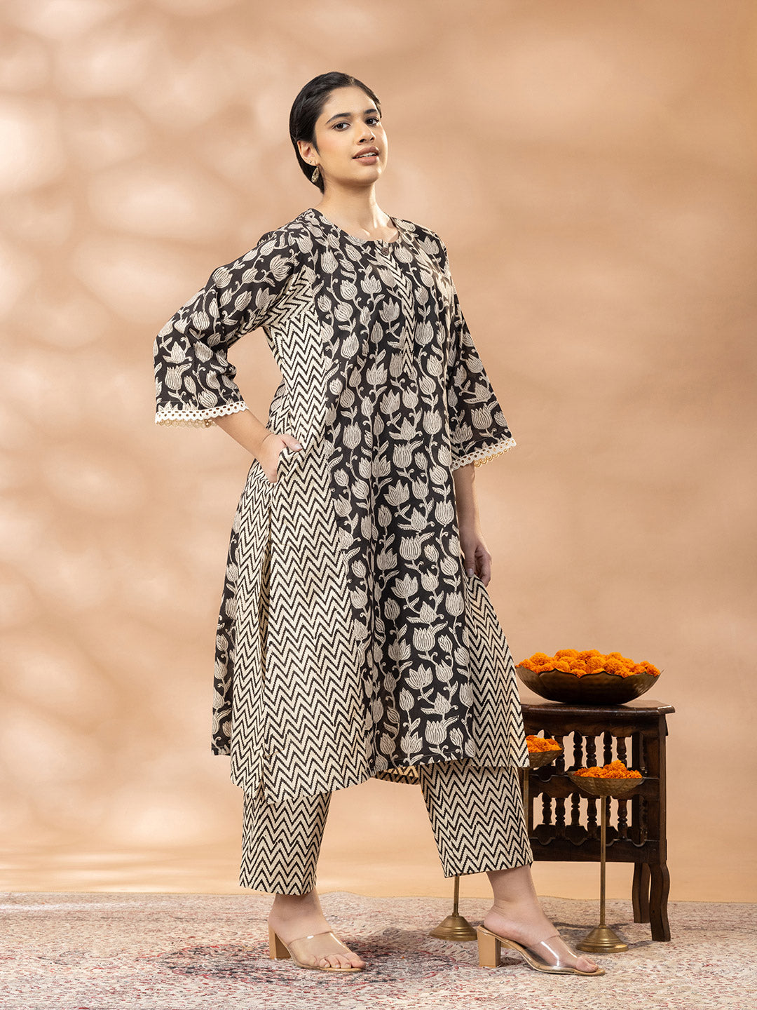 Bagru Black and Beige Floral Panel Lucknowi Cut Kurta set