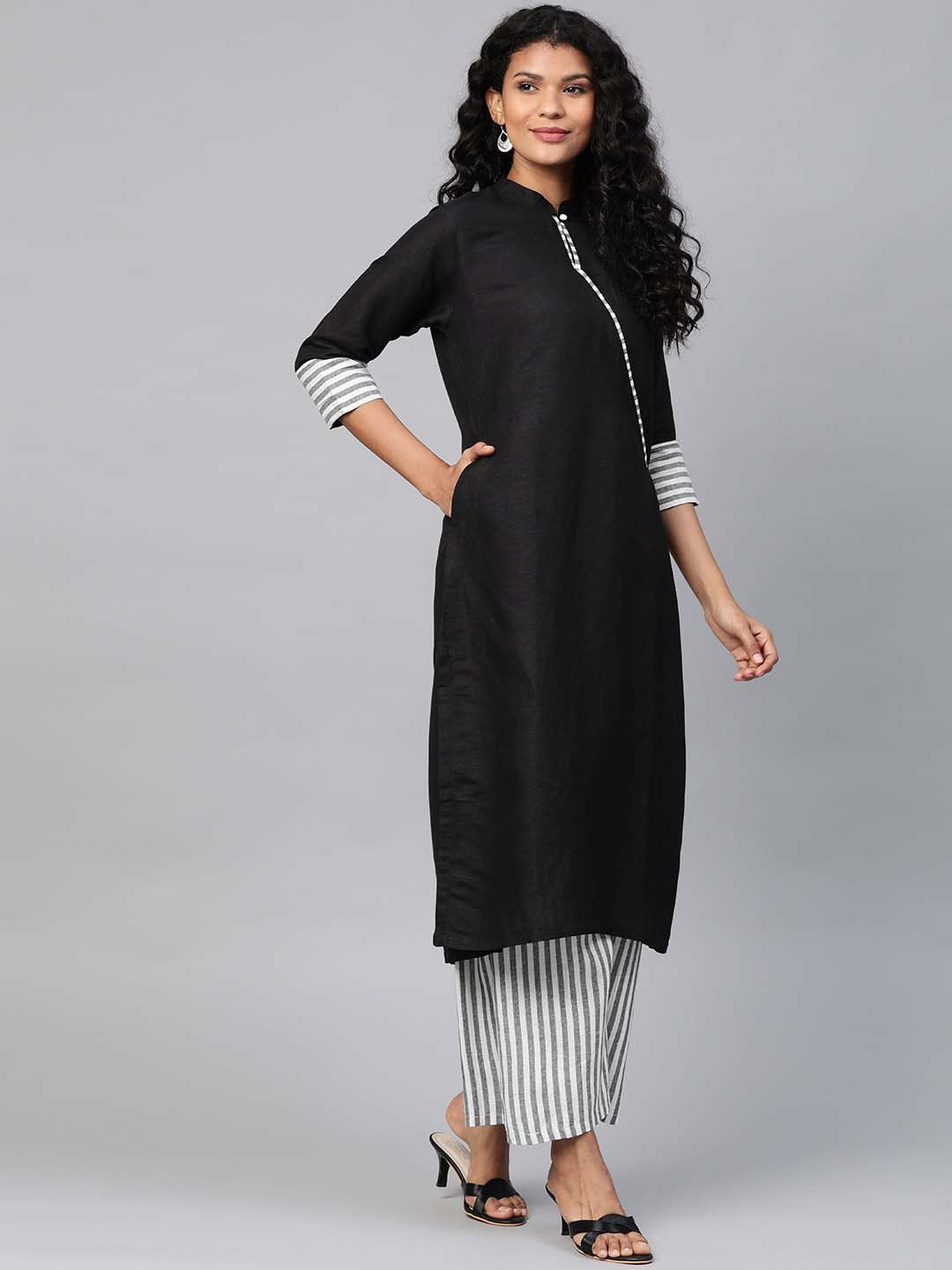 Black Linen Kurta With Striped Handloom Cotton Palazzo- Set of 2