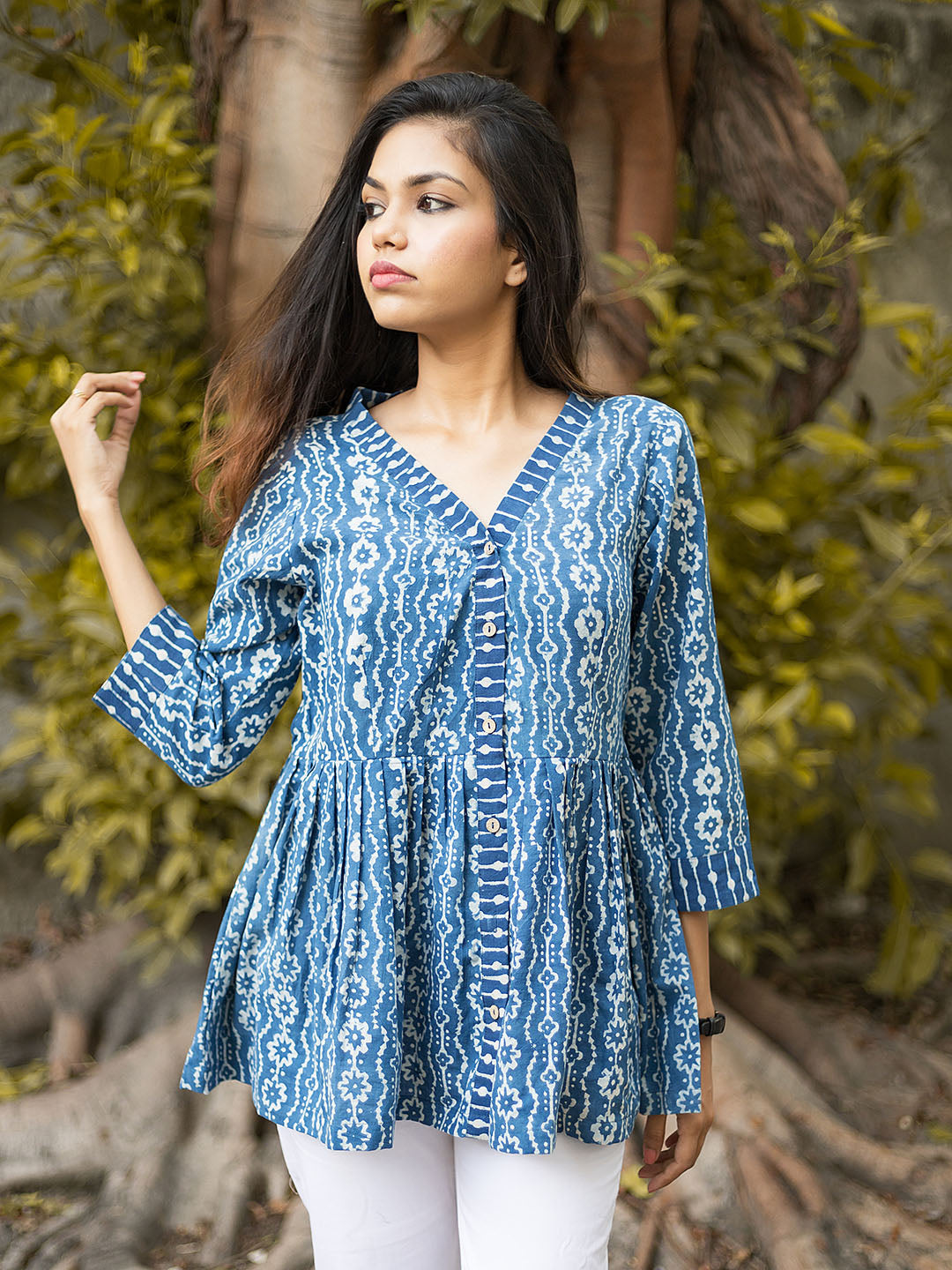 Natural Dyed HandBlock Printed Indigo Pleated Top