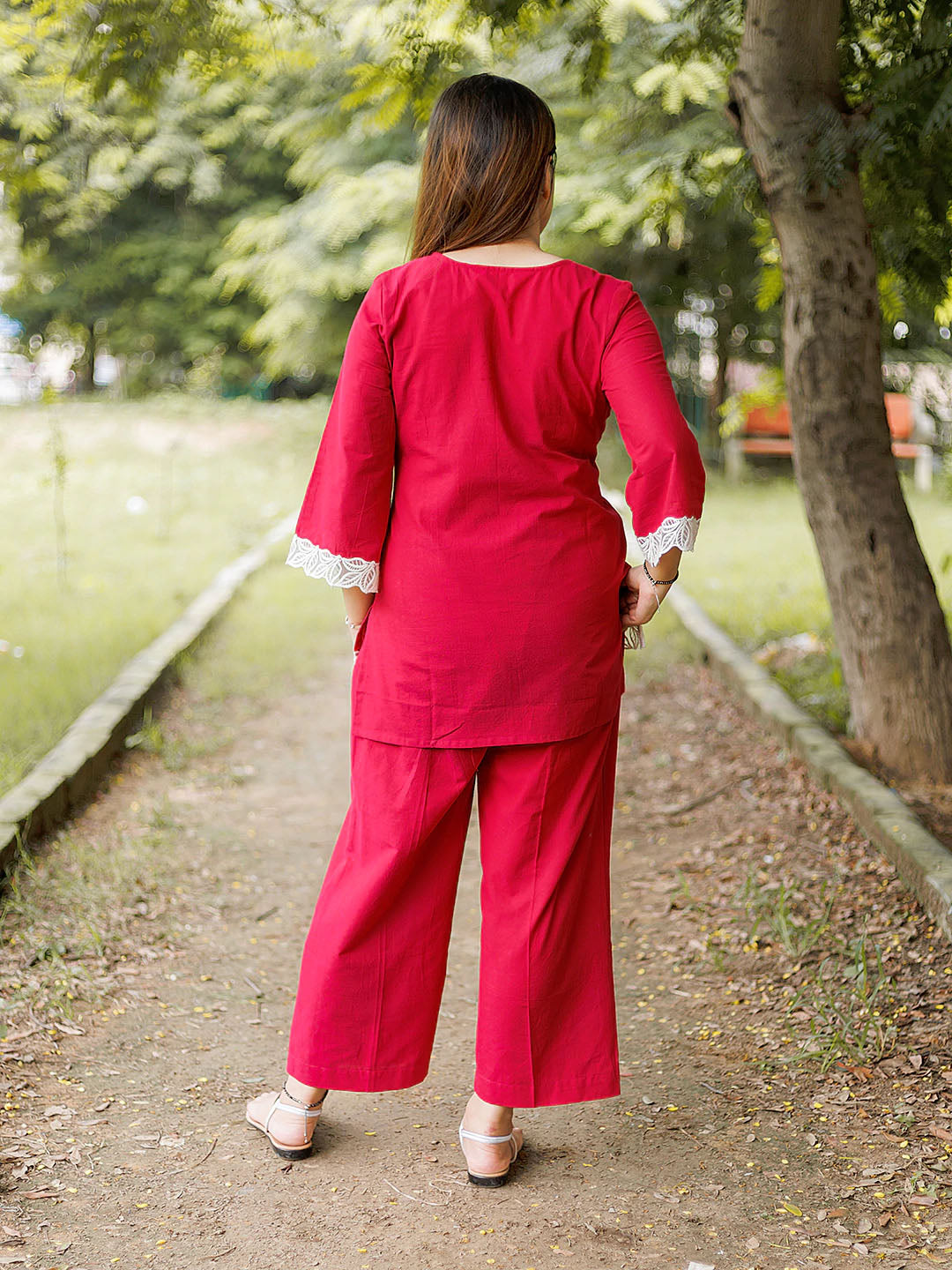 Fuscia Pink Embroidered CORD Set with Lace Details