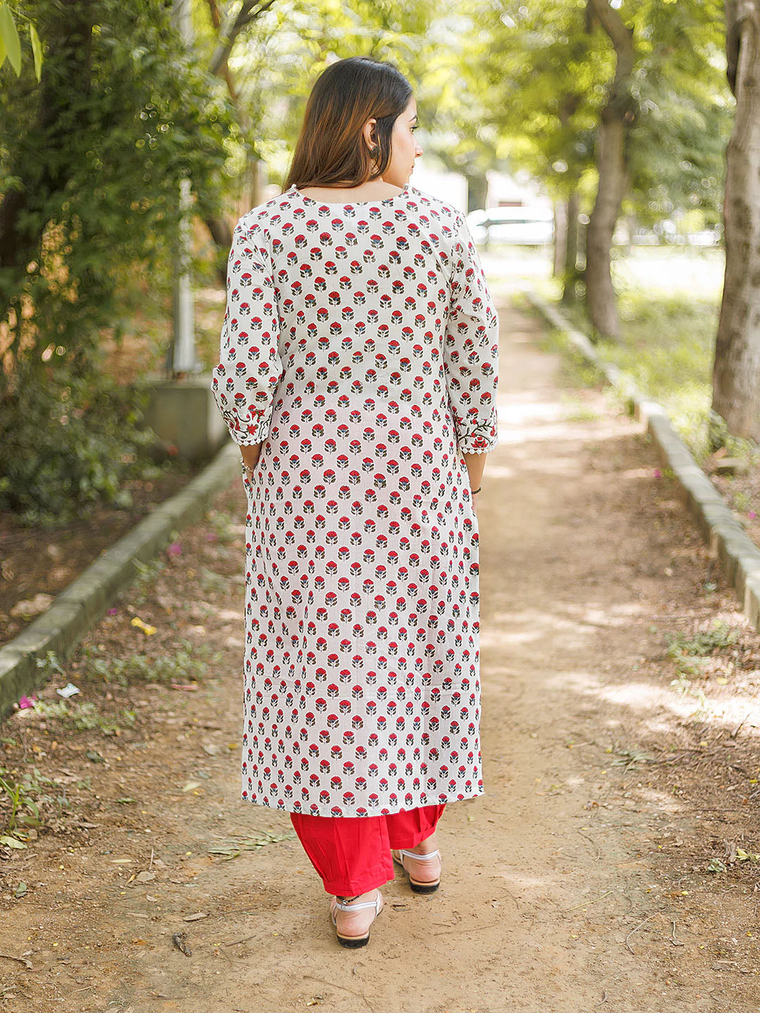 Handblock Printed Red Booty on white Kurta Salwar Set