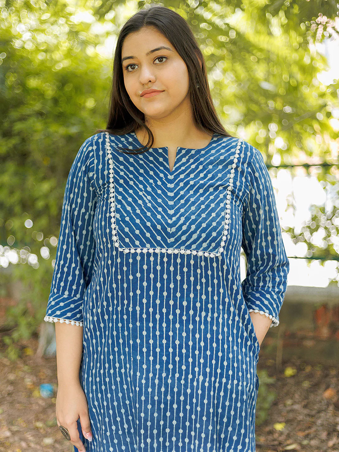 Handblock Printed Natural dyed Indigo Kurta with Lace details