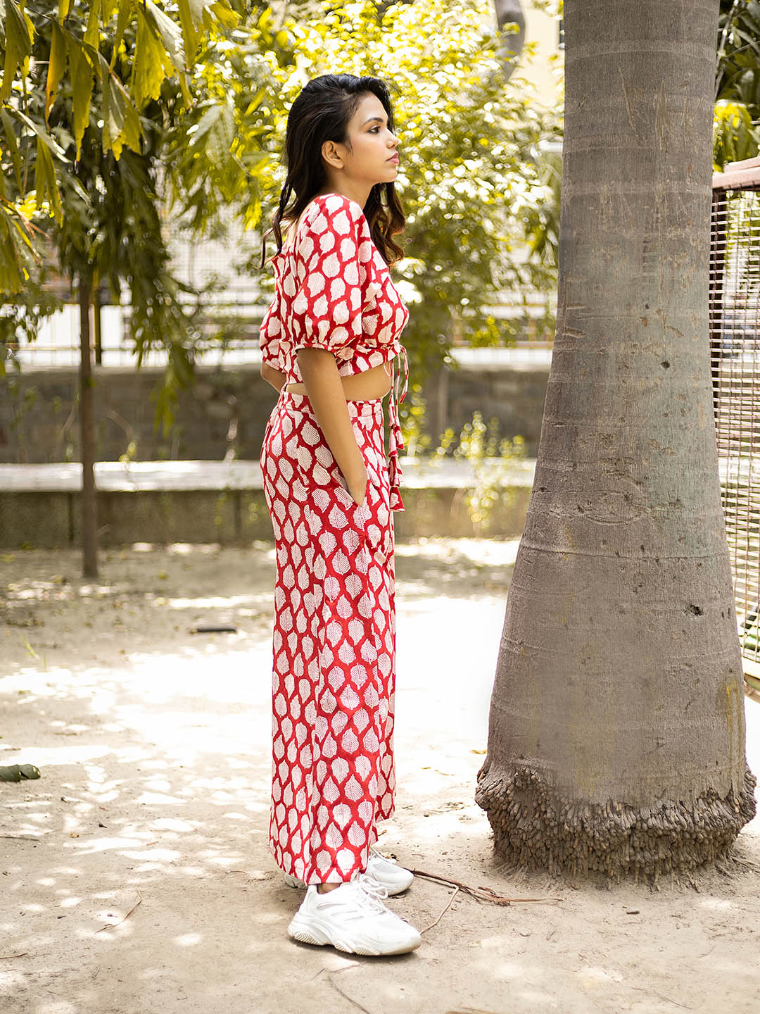 HandBlock Printed Red Leaf Print CO-Ord Set