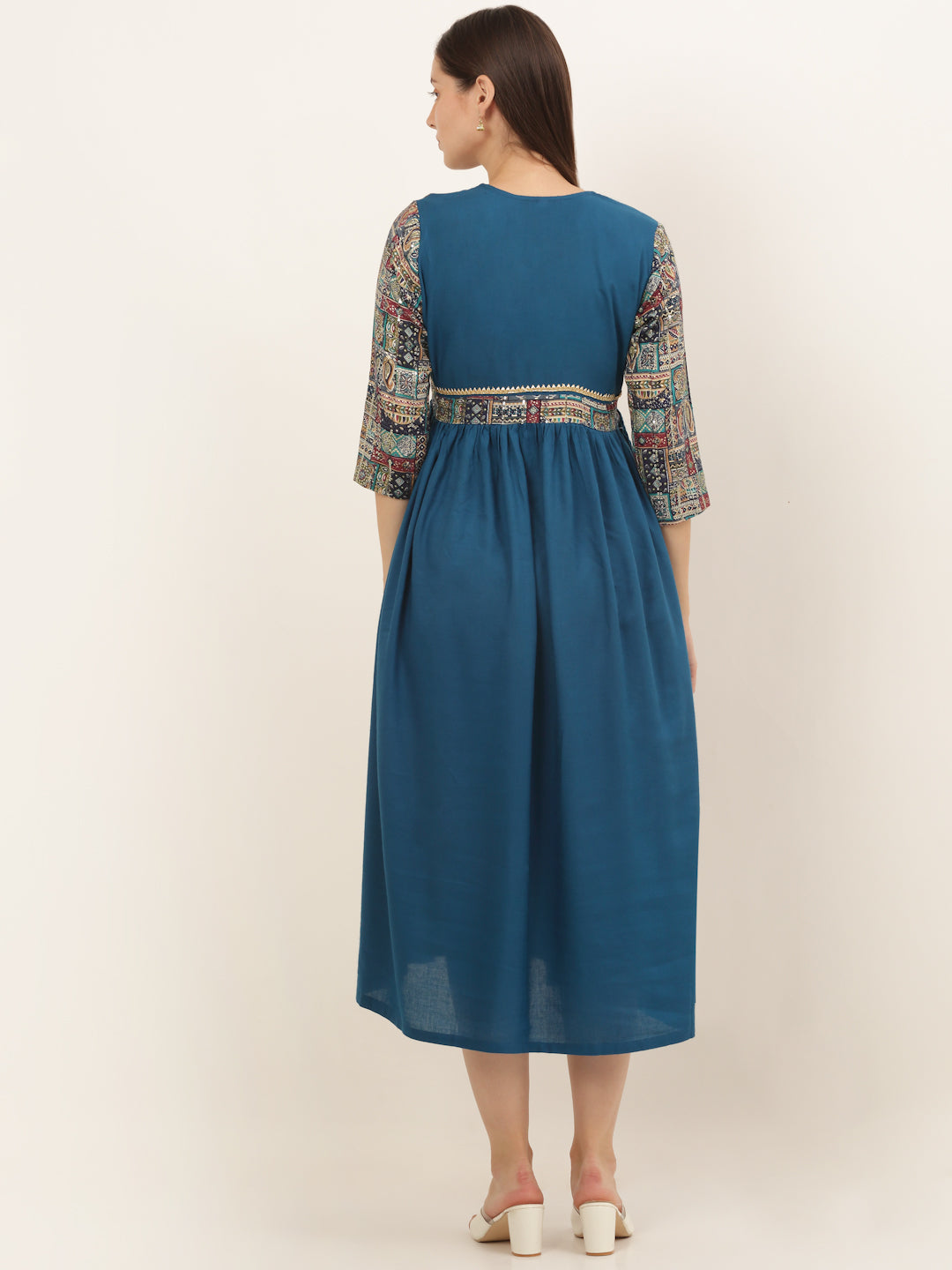 Teal Blue V Neck Rayon Gathered Dress