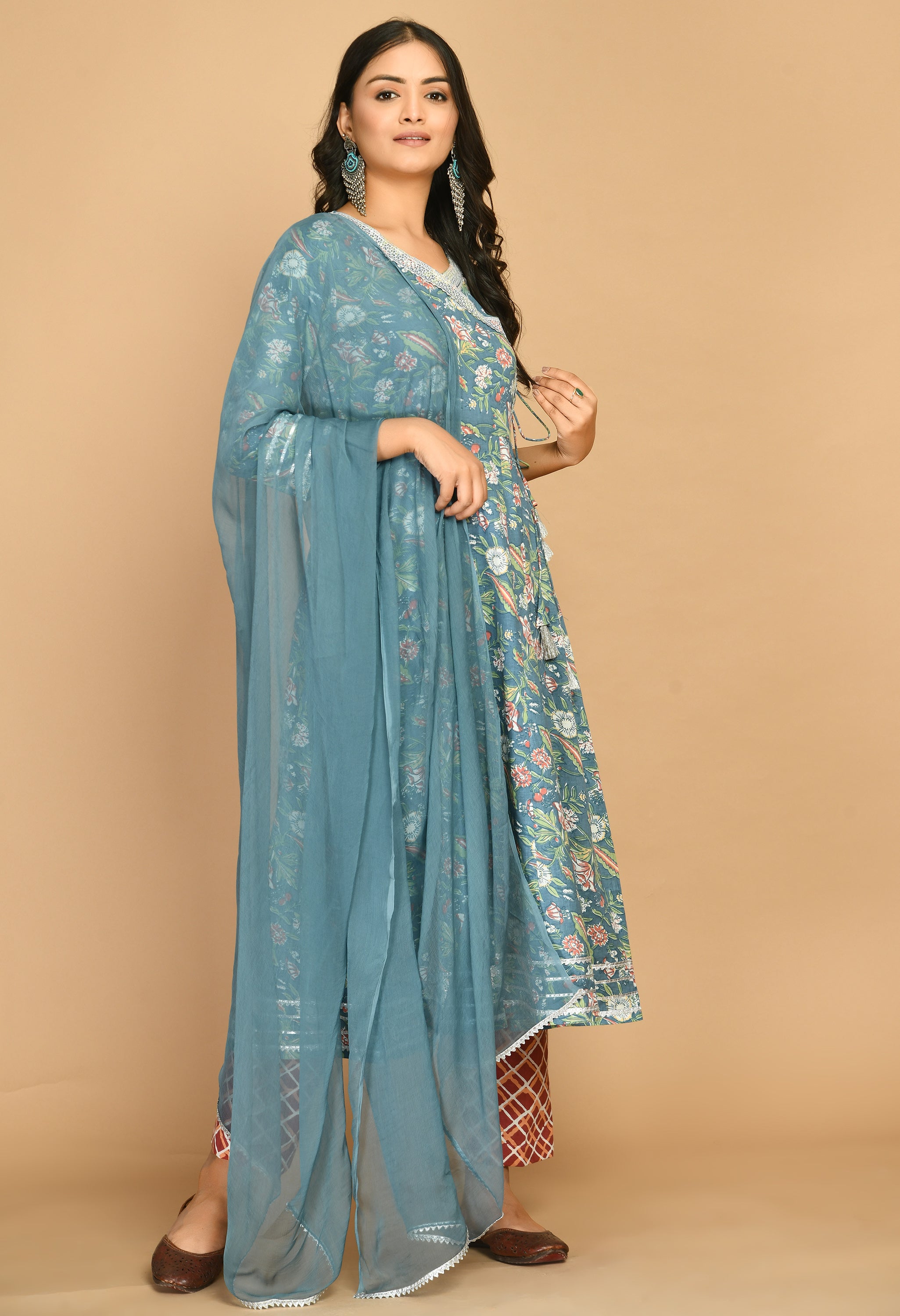 Grey and Rust Embroidered Angrakha Floral Set