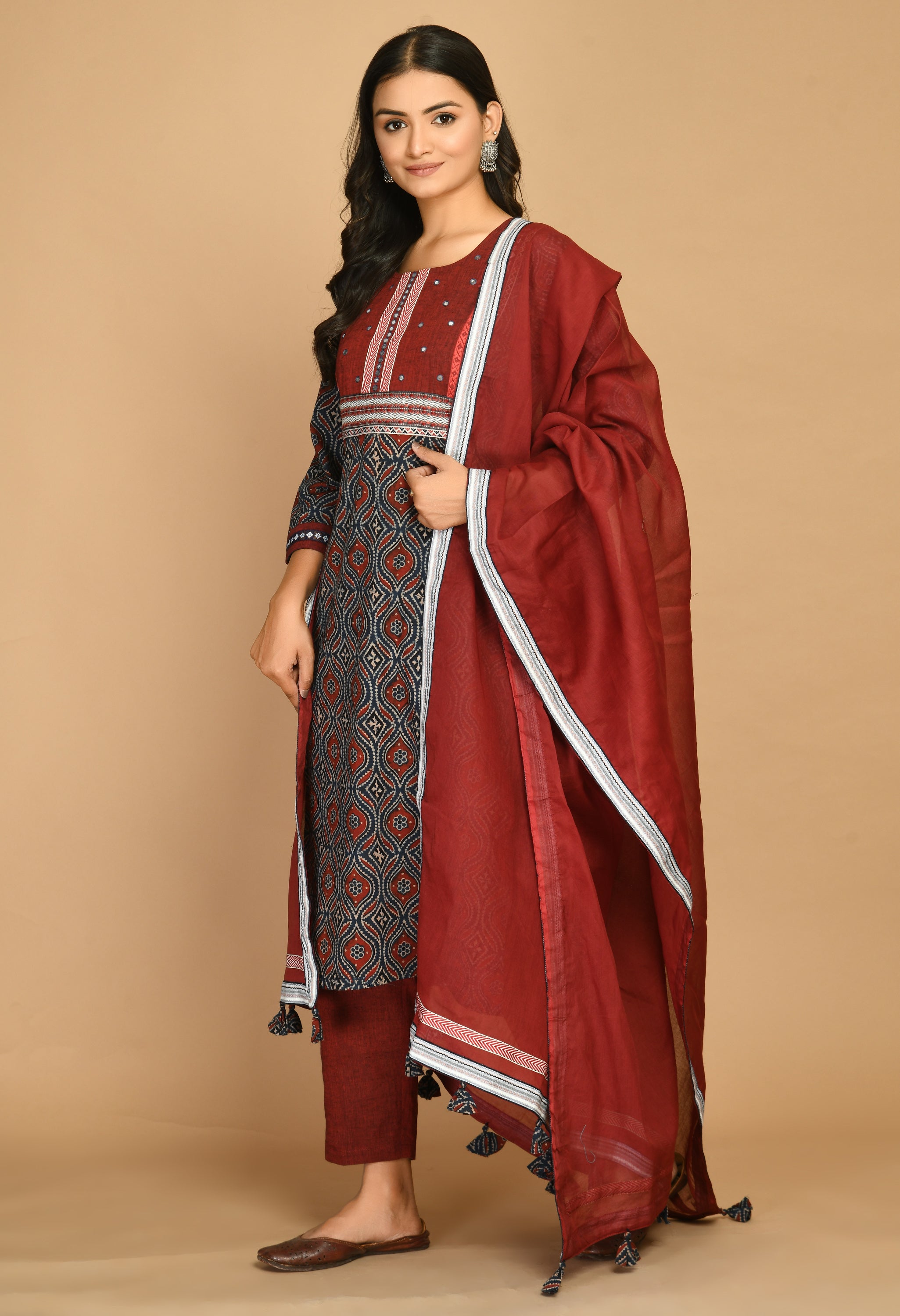 Blue Ajrakh Kurta With  Handloom Pants And Dupatta