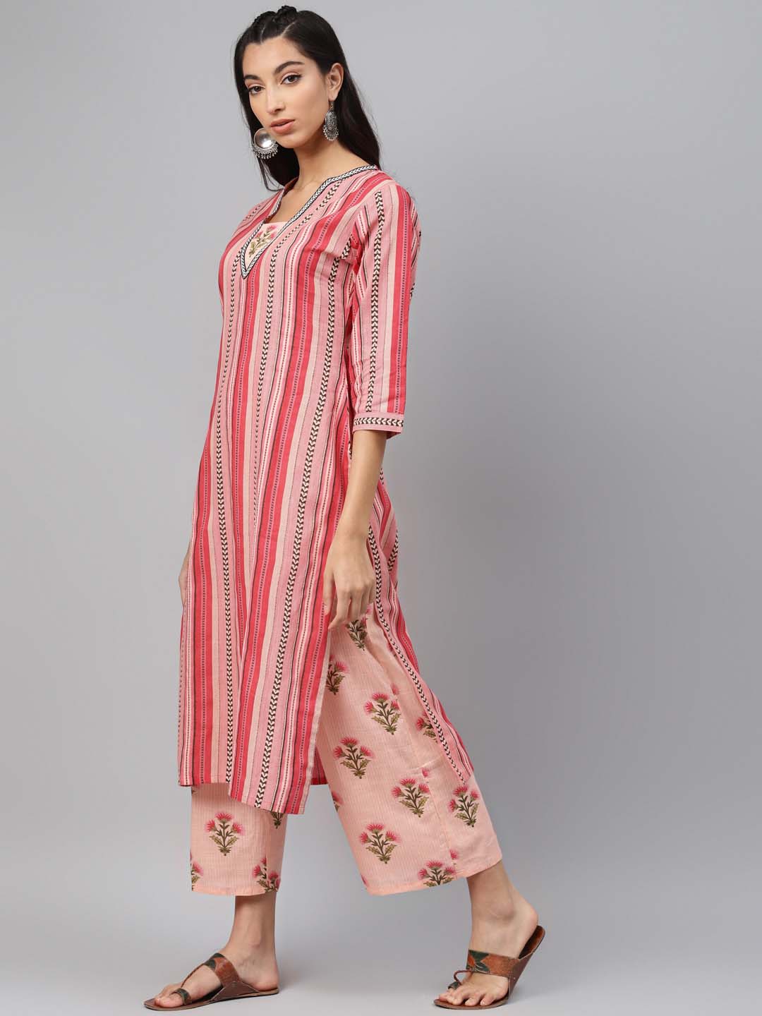 Women Pink & Black Striped Pure Cotton Kurta with Palazzos