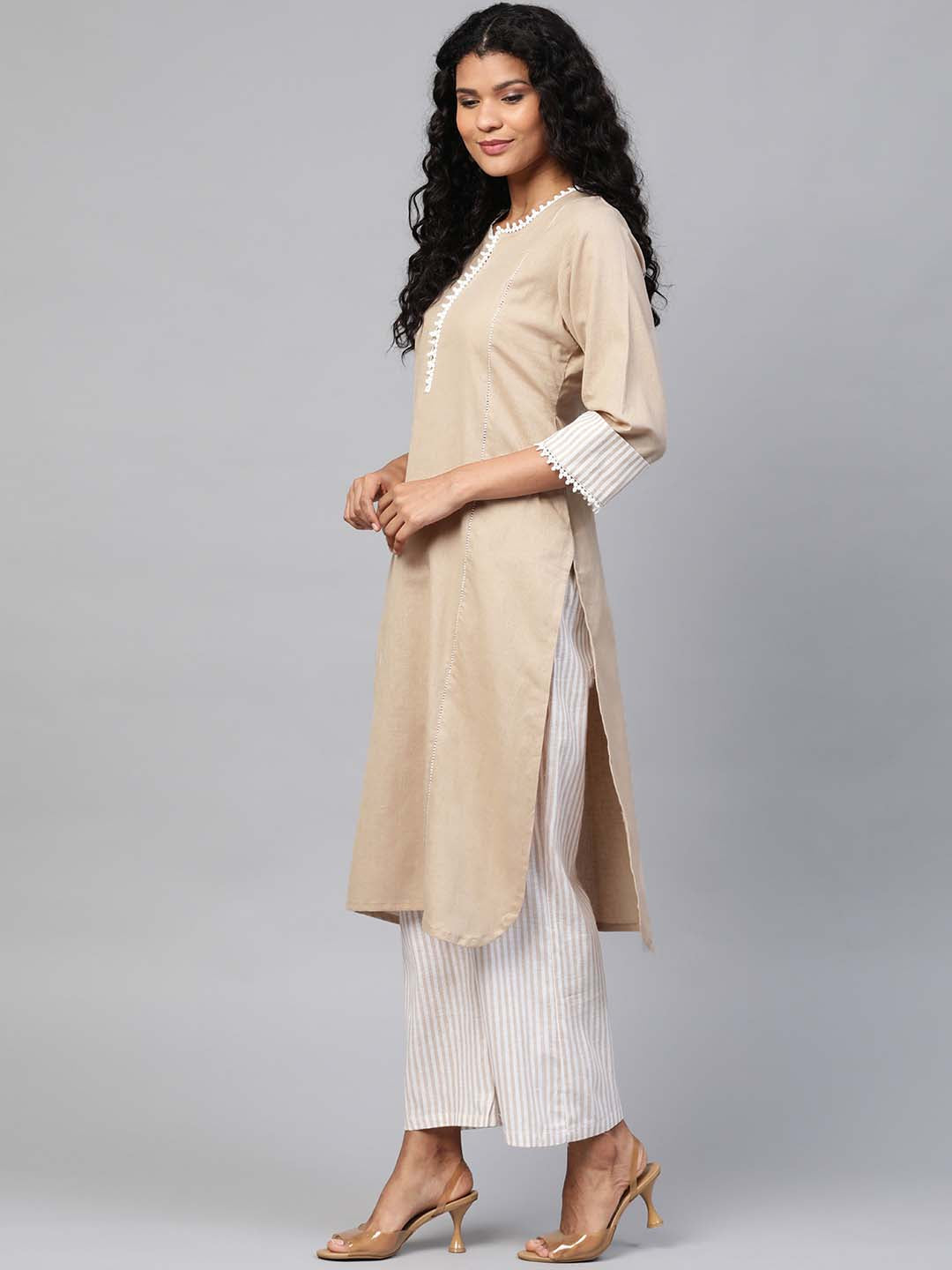 Women Beige & Off-White Solid Kurta with Sustainable Palazzos