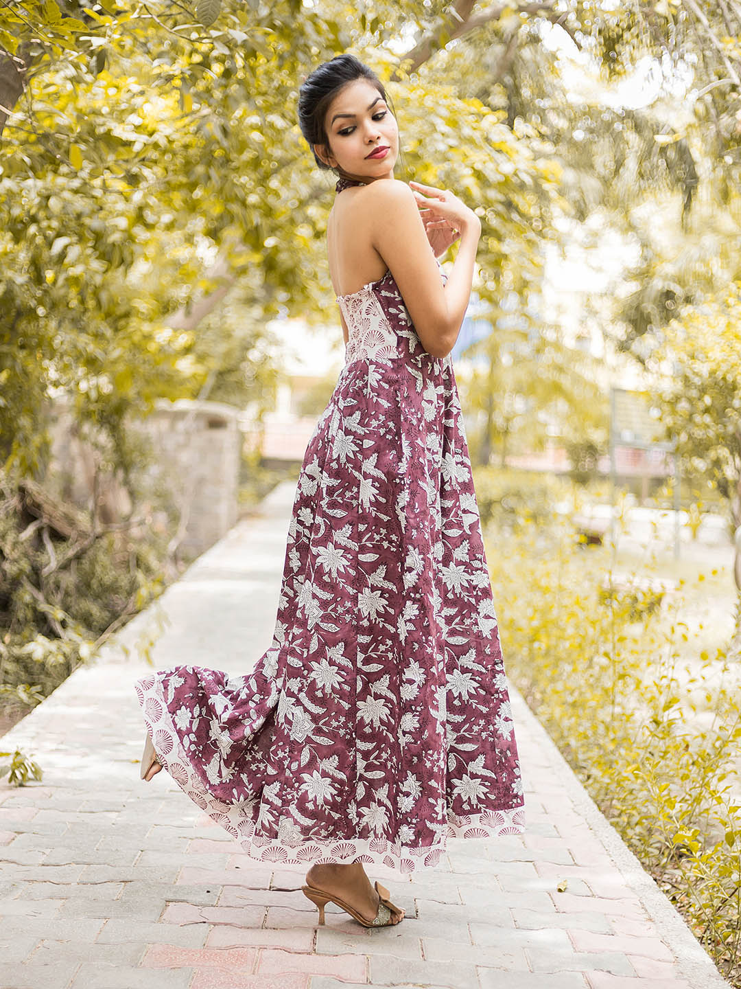 HandBlock Printed Violet HalterNeck Dress with Smocking at the back