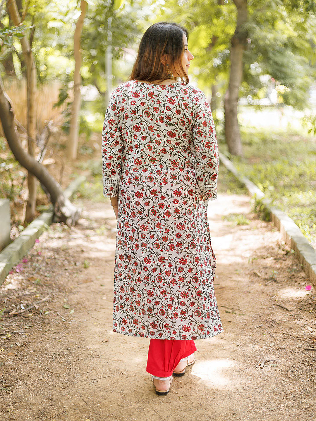 Handblock Printed White and Red Floral Kurta Set with Lace details