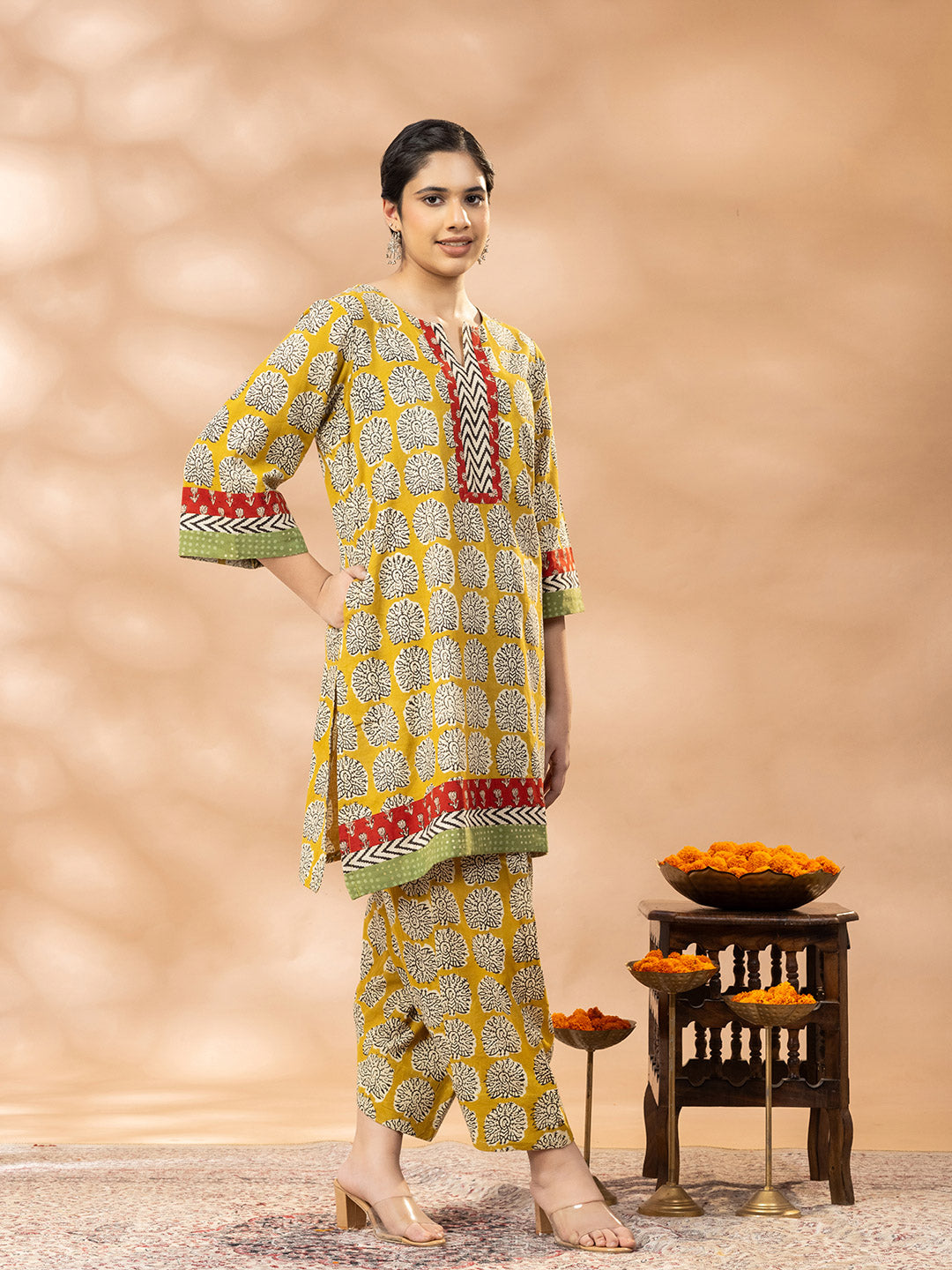 Bagru Mustard Yellow Black Boota  Kurta Salwar Set