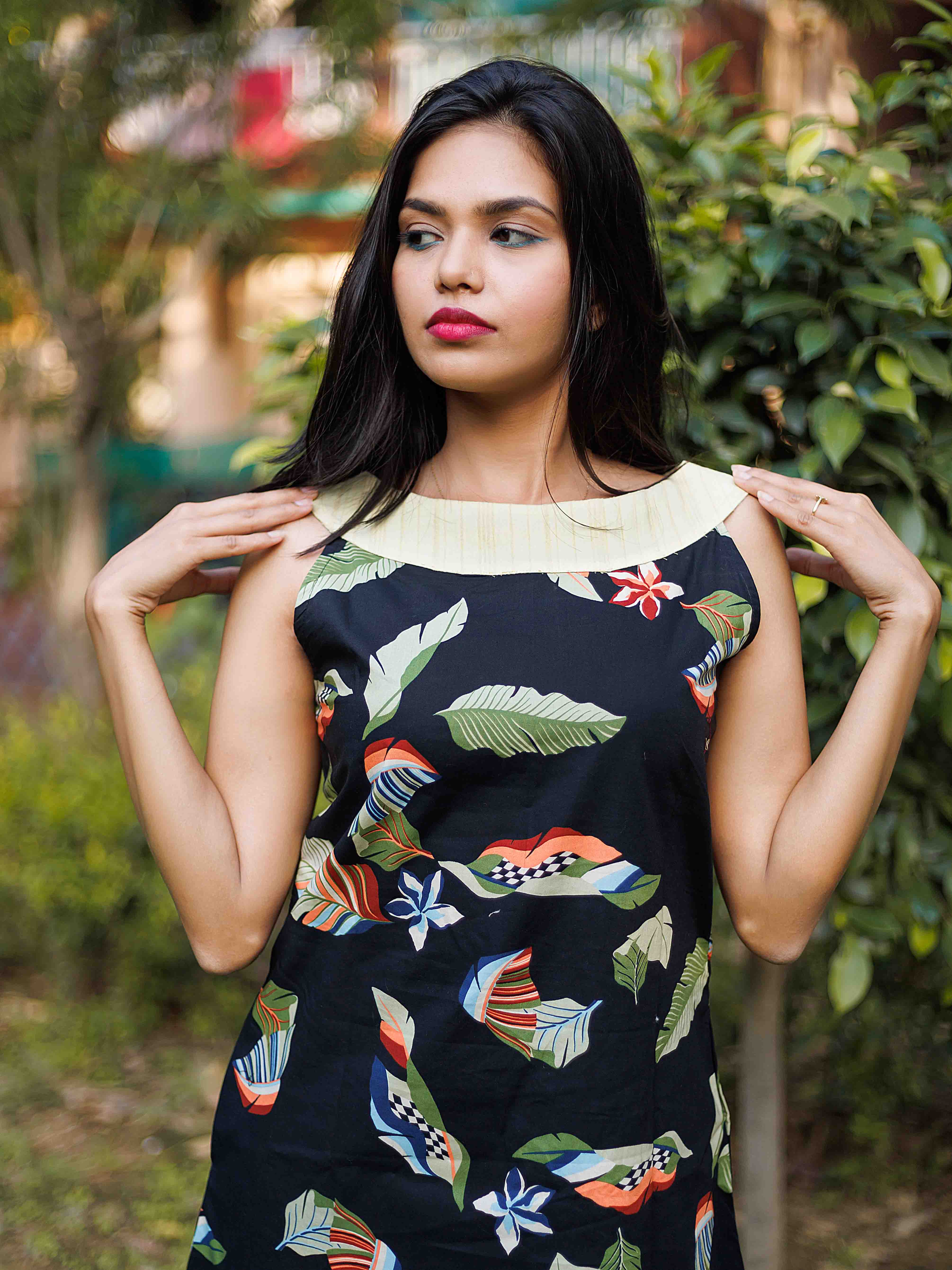 Black and Green Bird Print Pure Cotton Dress