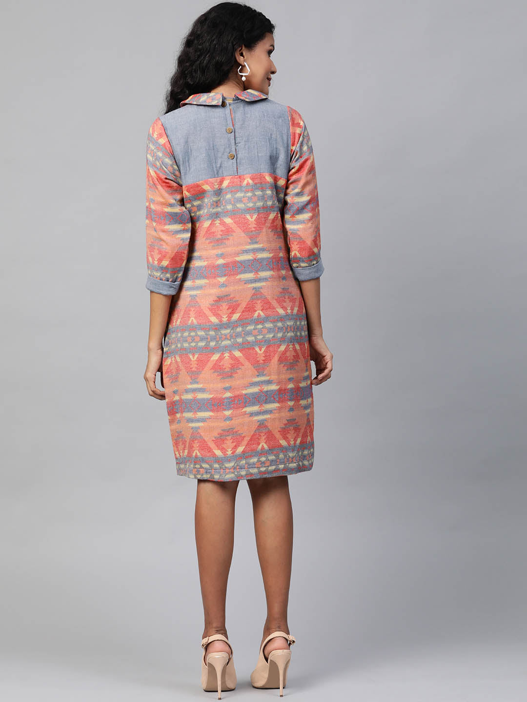 Orange & Blue Ethnic Ikkat Woven Shift Dress