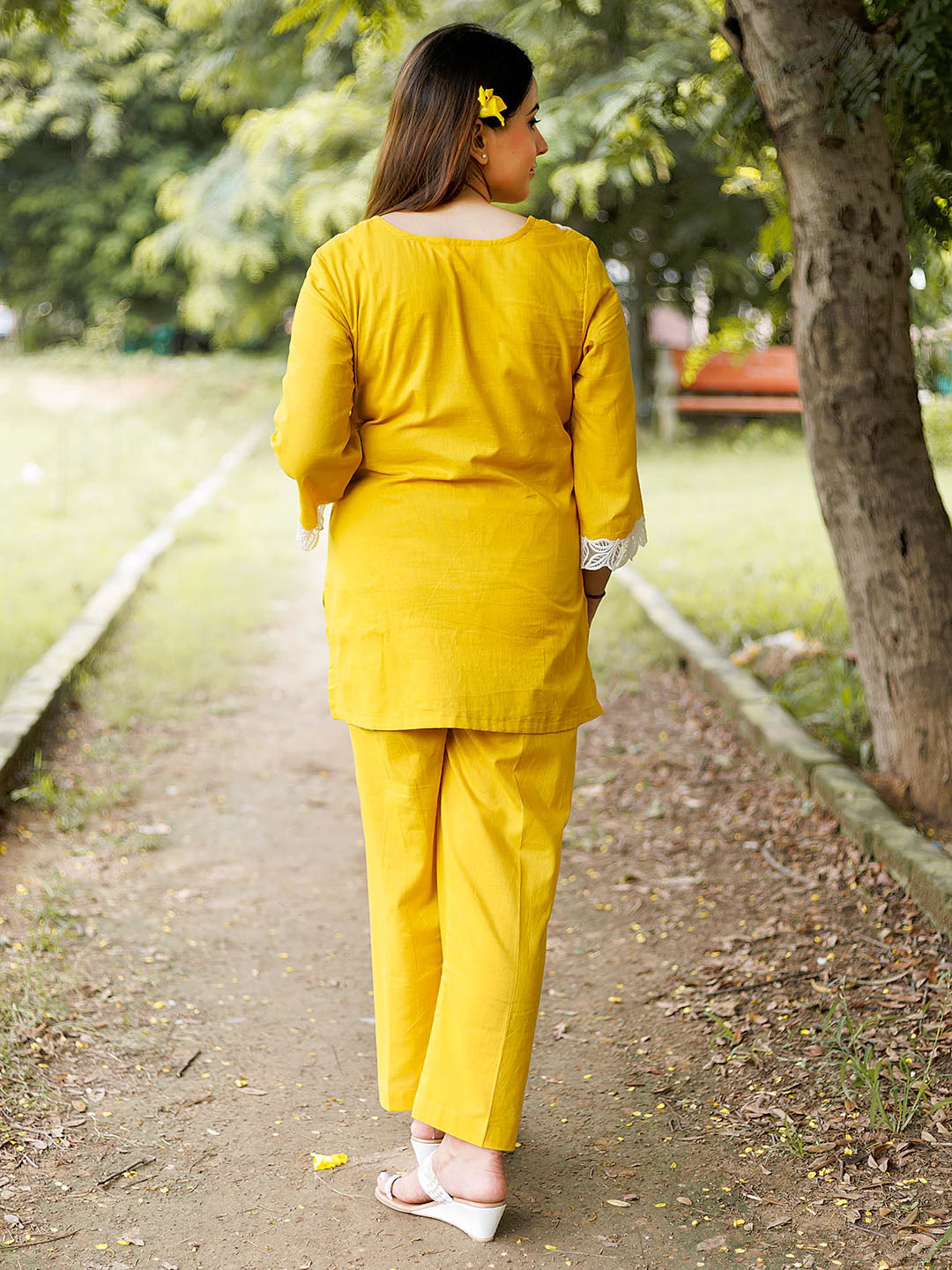 Yellow Embroidered CORD Set with Lace Details