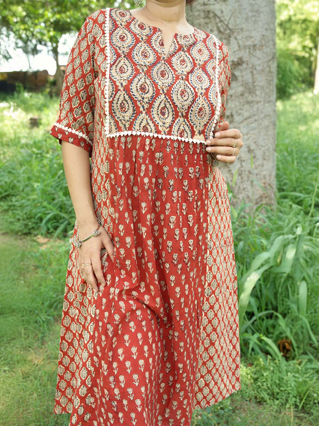 Bagru Handblock Printed Red Booty Yoke Kurta
