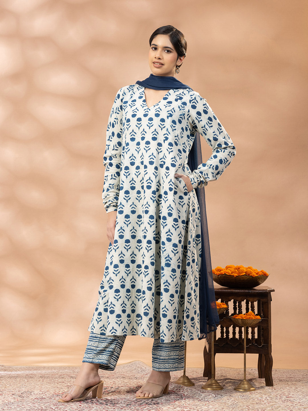Bagru Handblock Printed Indigo Blue Churidar Sleeves Kurta Set