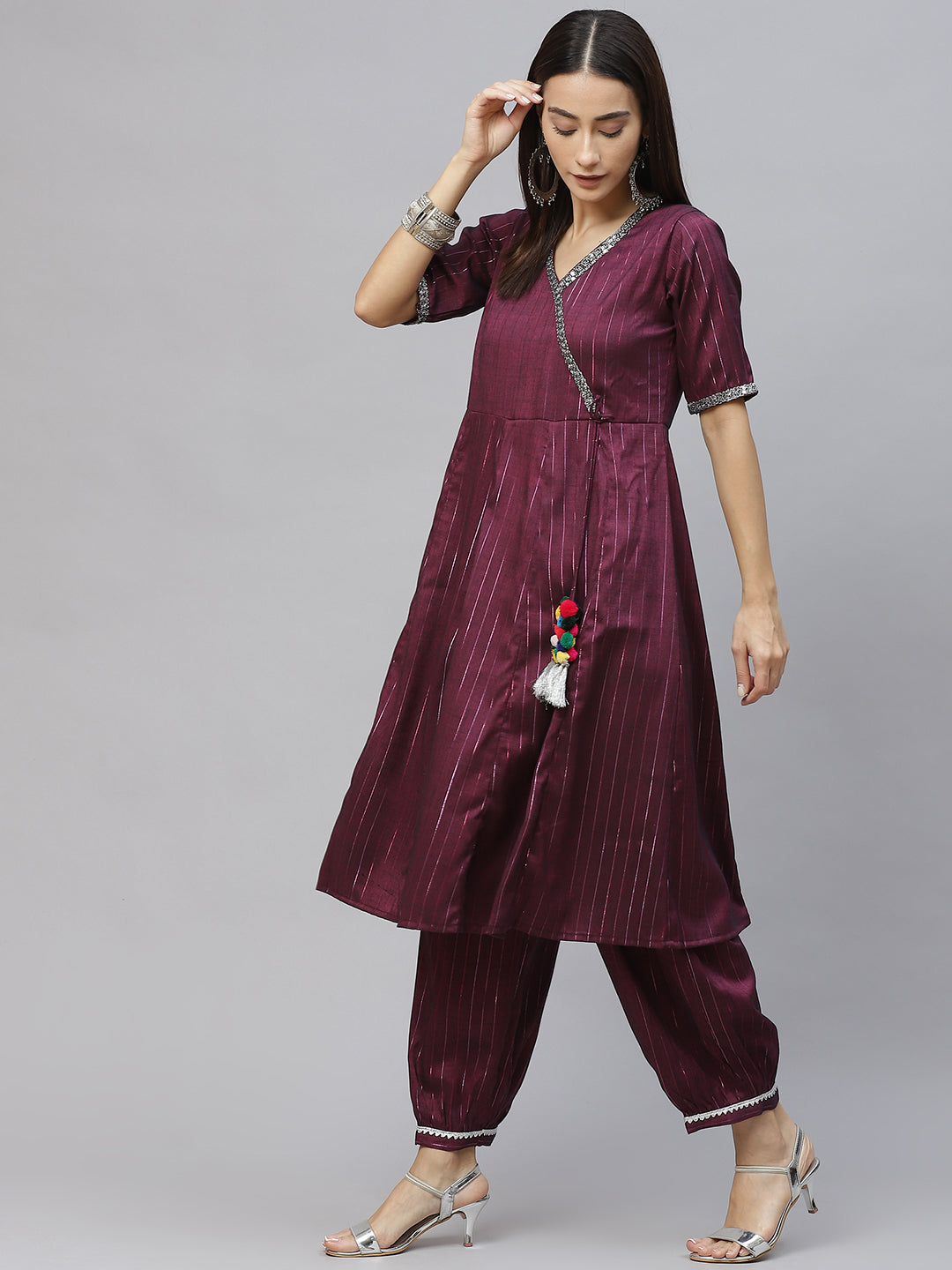 Burgundy & Silver Striped  Lurex Angrakha Kurta & Afghan Salwar