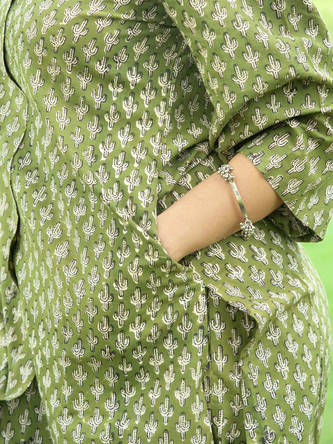 Bagru Handblock Printed Green Cactus Print Kurta Set