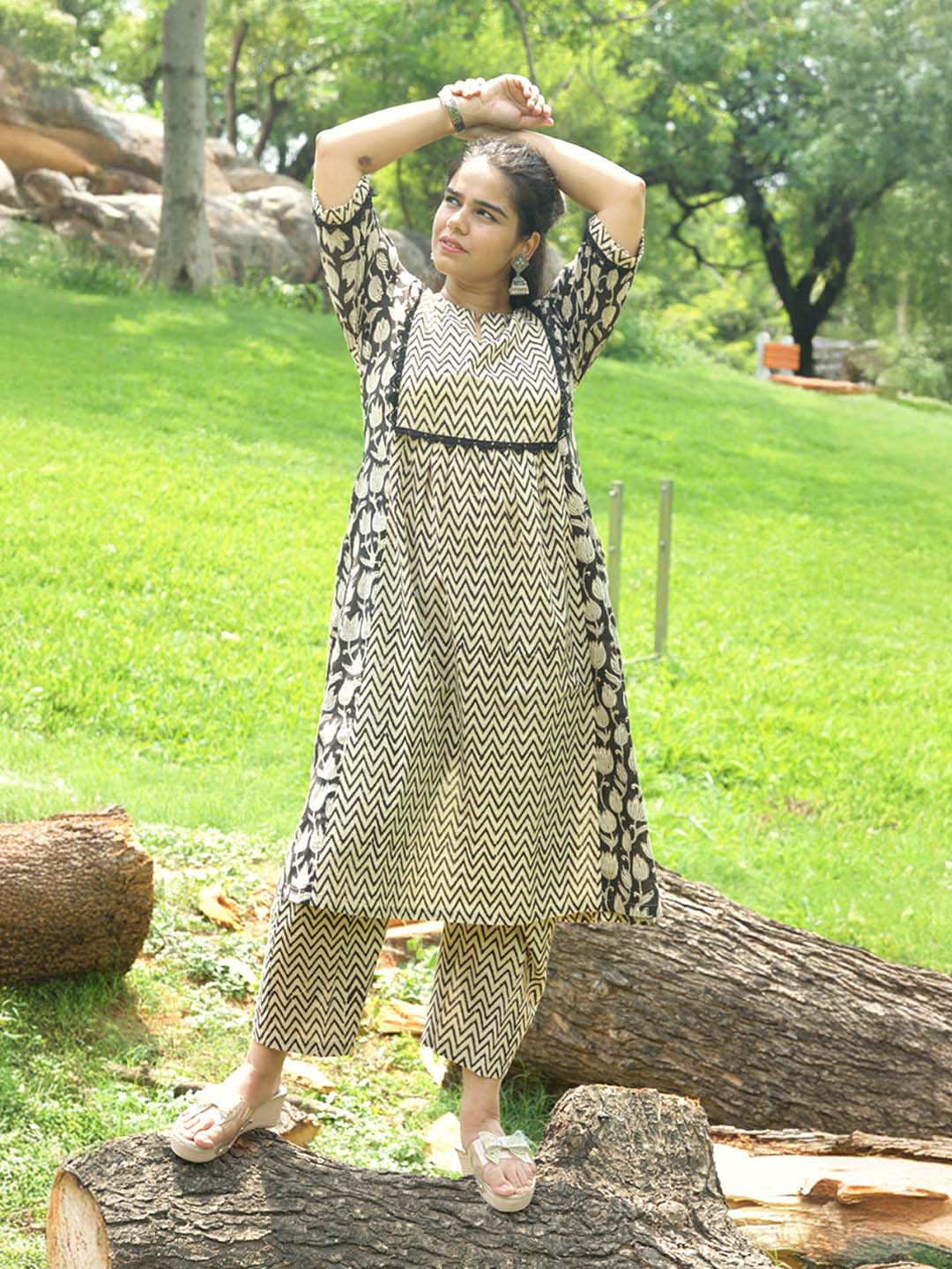 Bagru Handblock Printed Black and Beige Yoke Design Kurta