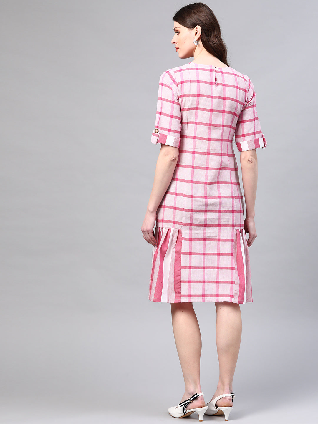 Pink Checked Handloom A-Line Dress