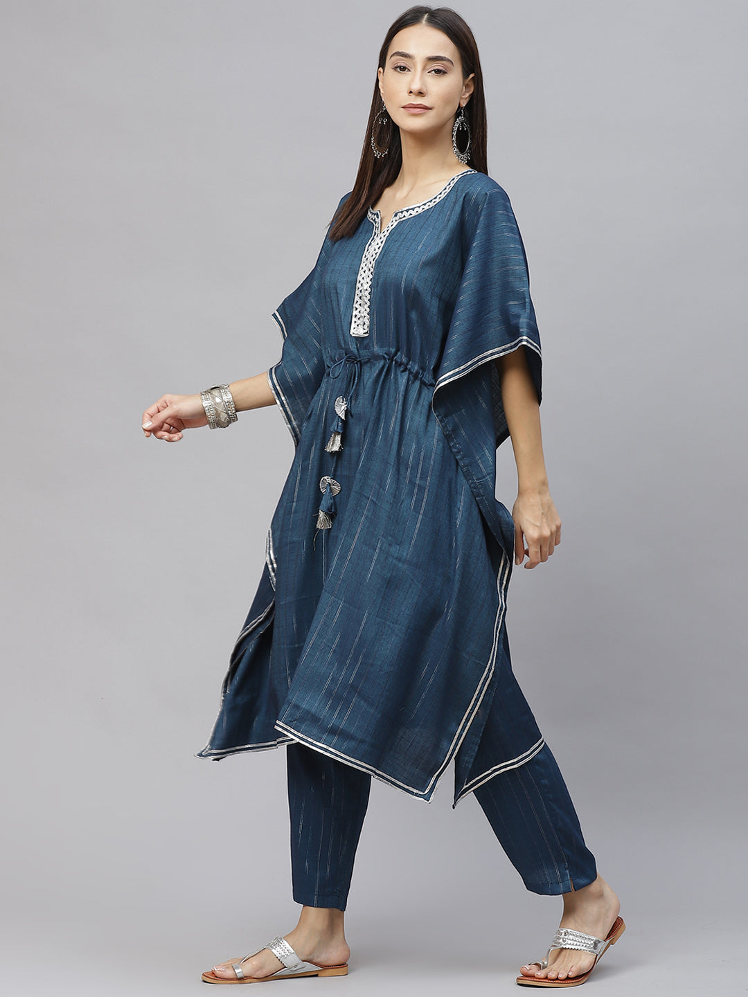 Teal Blue & Silver Striped Lurex Pleated Kaftan Kurta & Palazzos