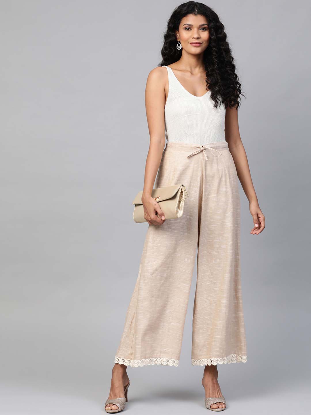 Cream-Coloured Solid  Handloom Wide Leg Palazzos