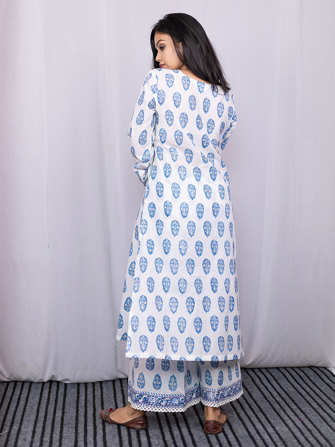 HandBlock Printed White and Blue Booty Kurta Set with Lace Detailing