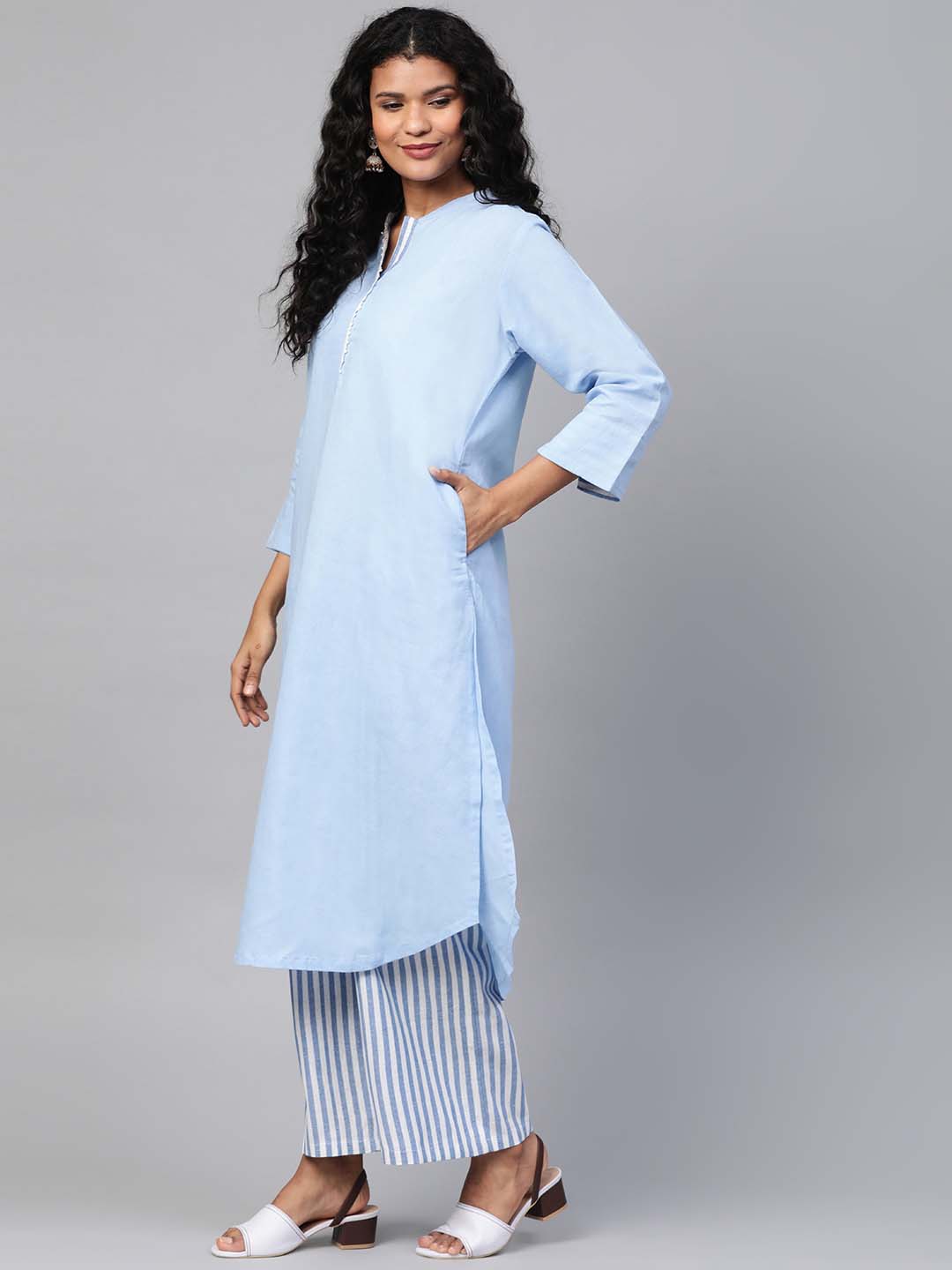 Blue & White Solid Kurta with Palazzos