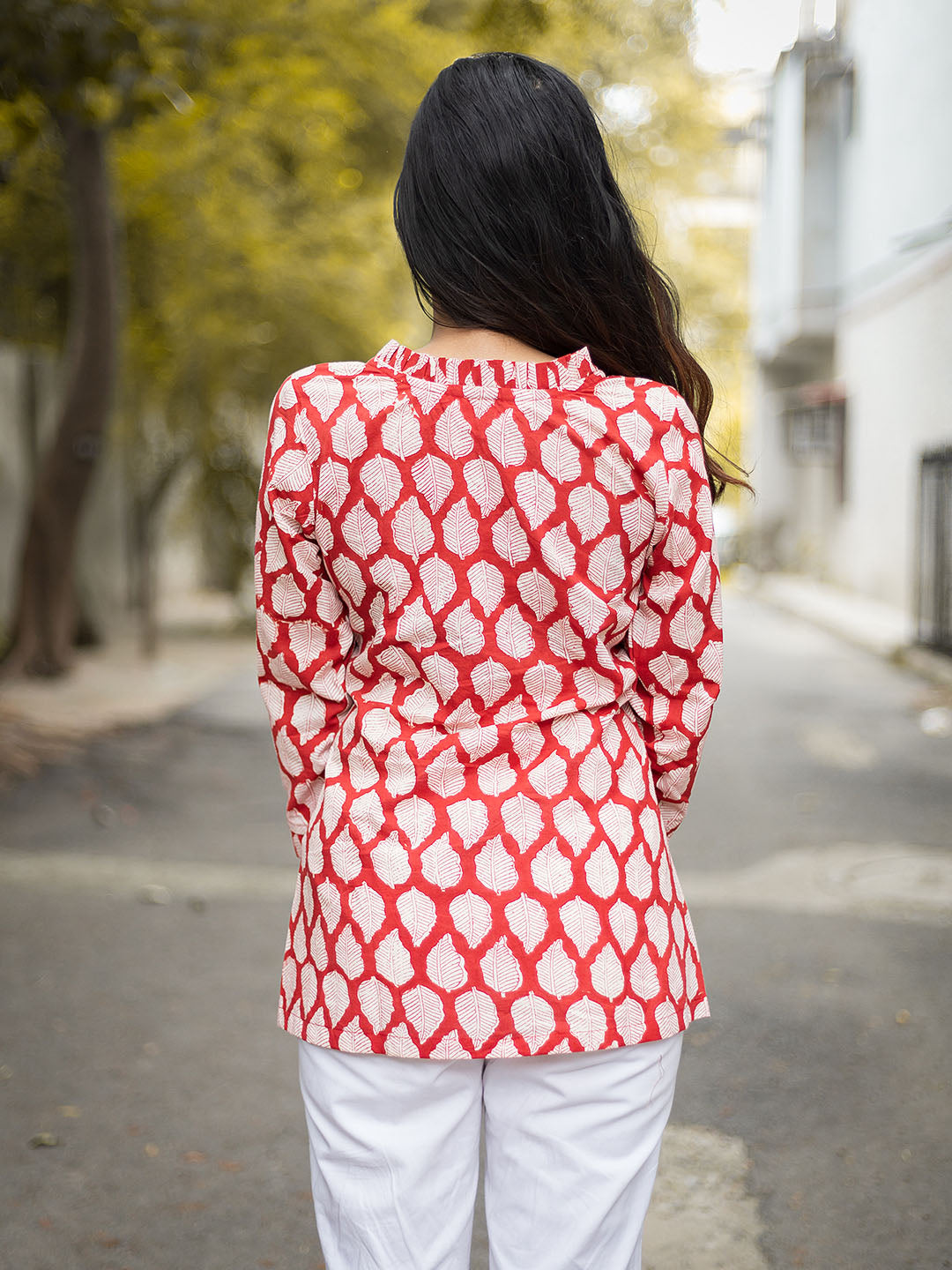 HandBlock Printed Red Leaf Print Top