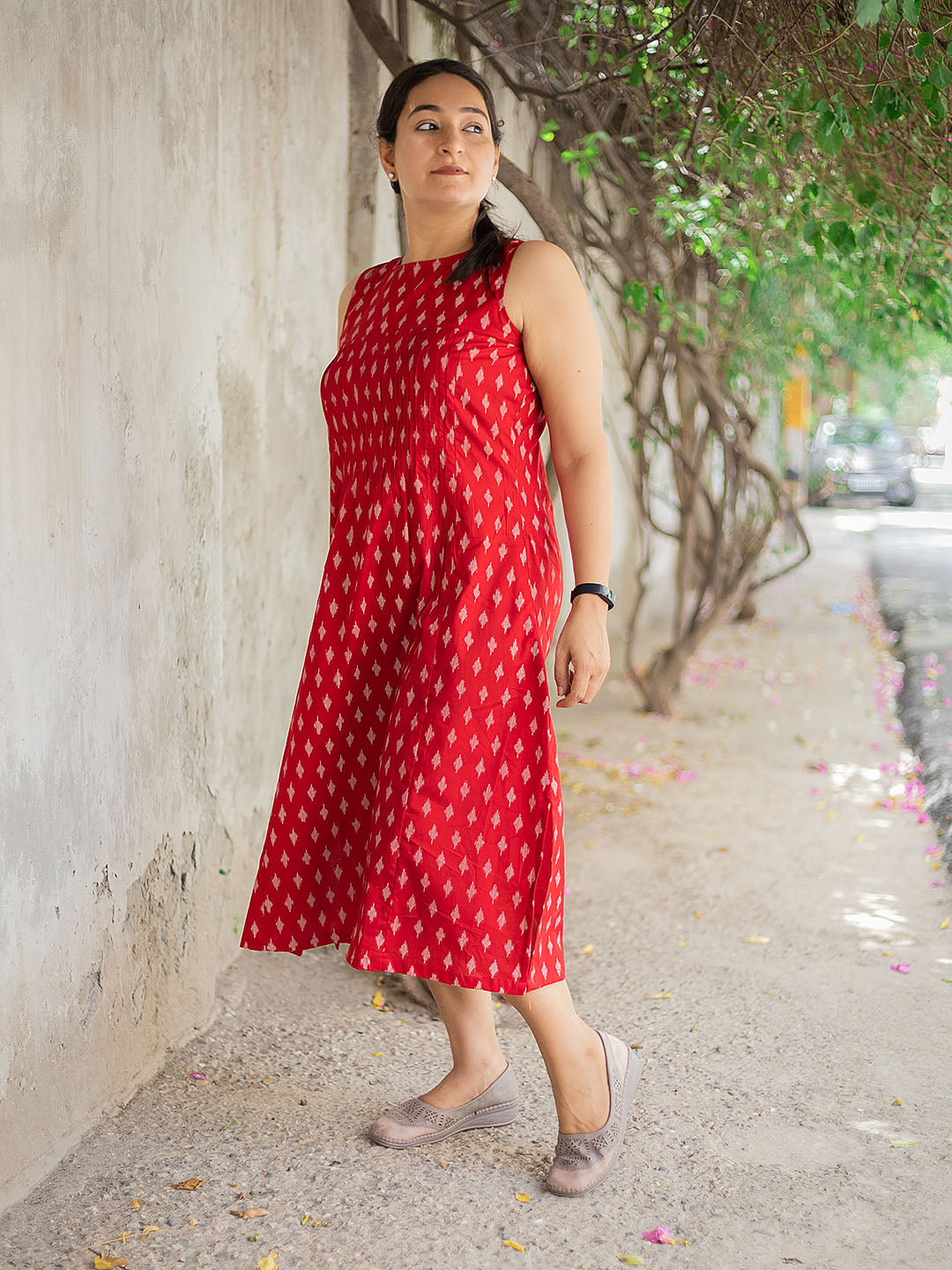 Handblock Printed Overlay Red Dress