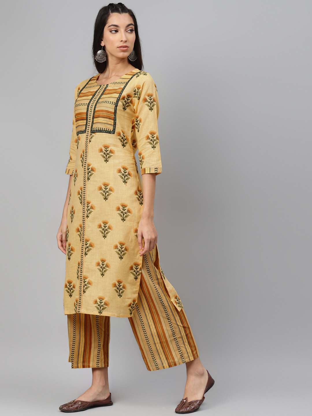 Women Yellow & Green Printed Pure Cotton Kurta with Palazzos