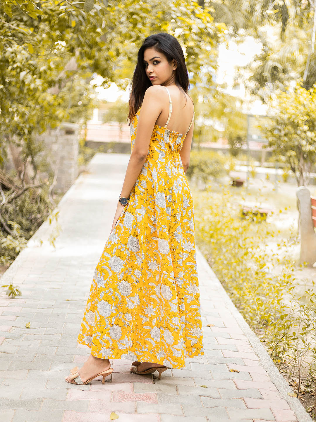 Handblock Printed Yellow Long Kalidar Dress with Smocking