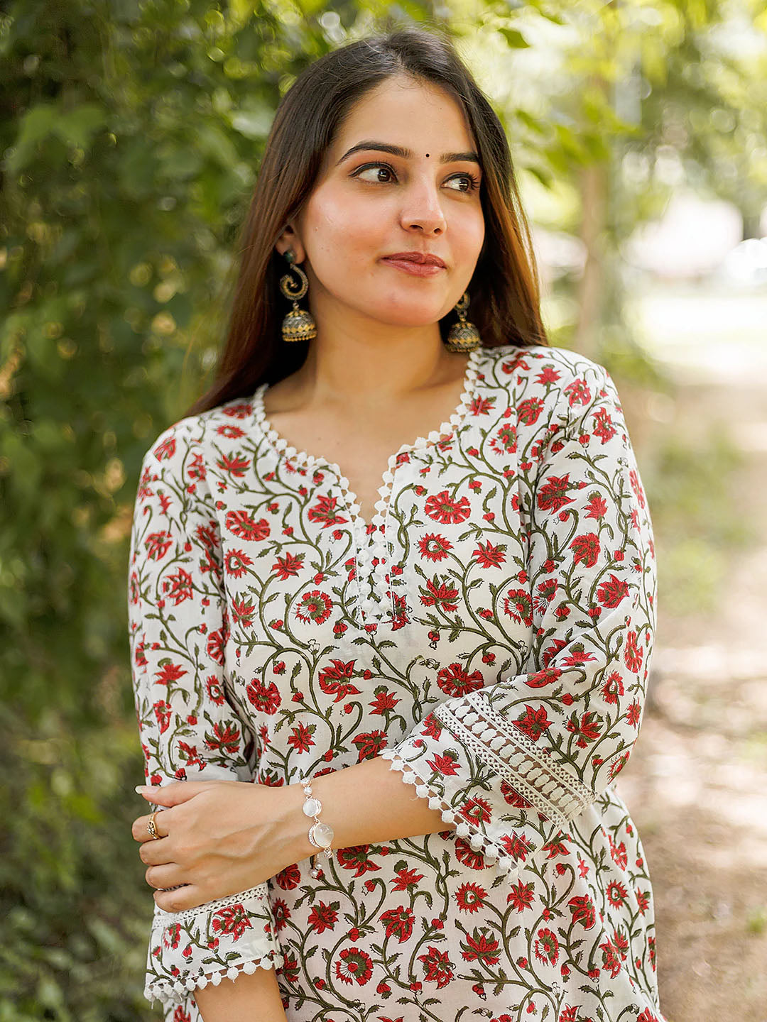 Handblock Printed White and Red Floral Kurta Set with Lace details